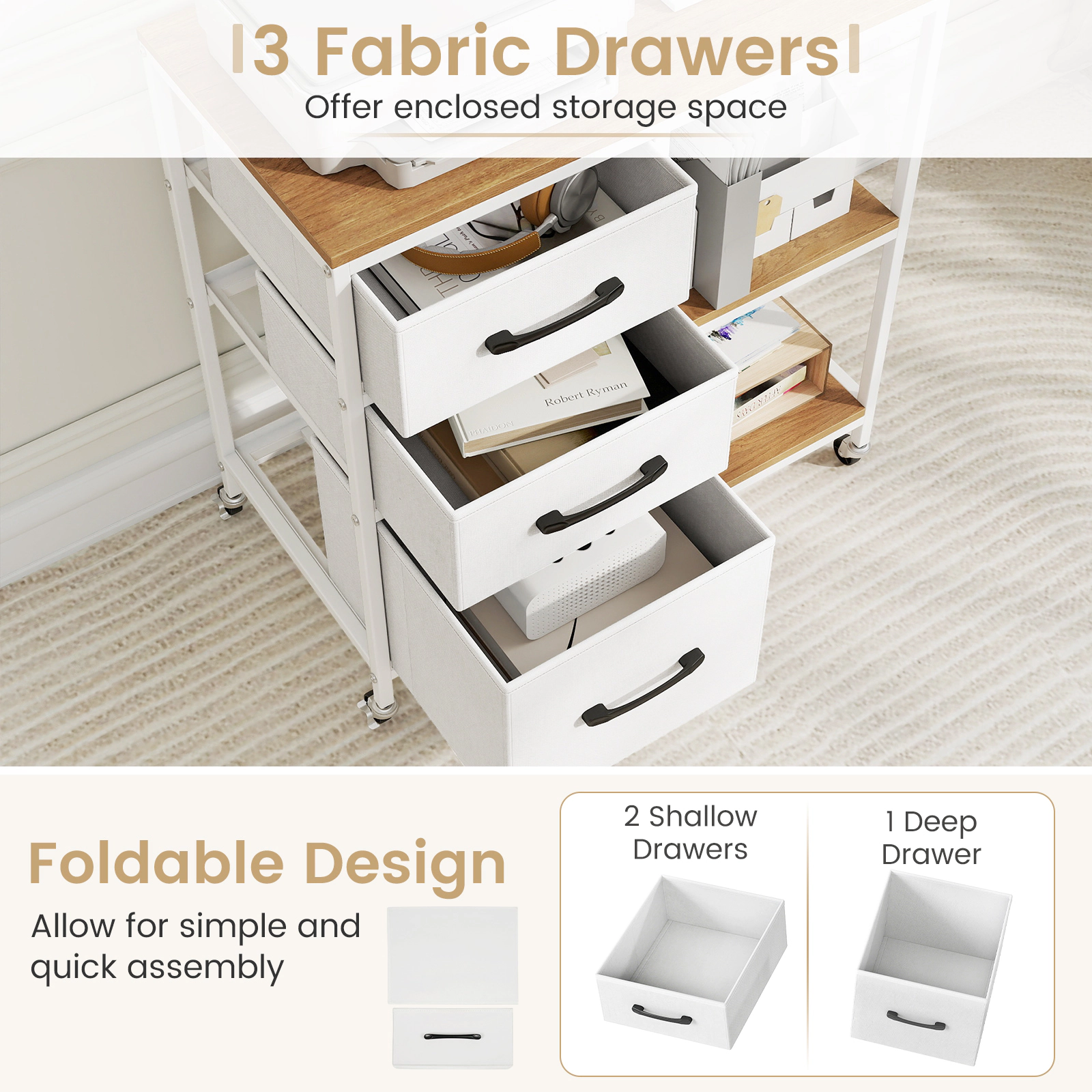 SUGIFT 3 Drawer Mobile File Cabinet Natural with Charging Station and Printer Shelves