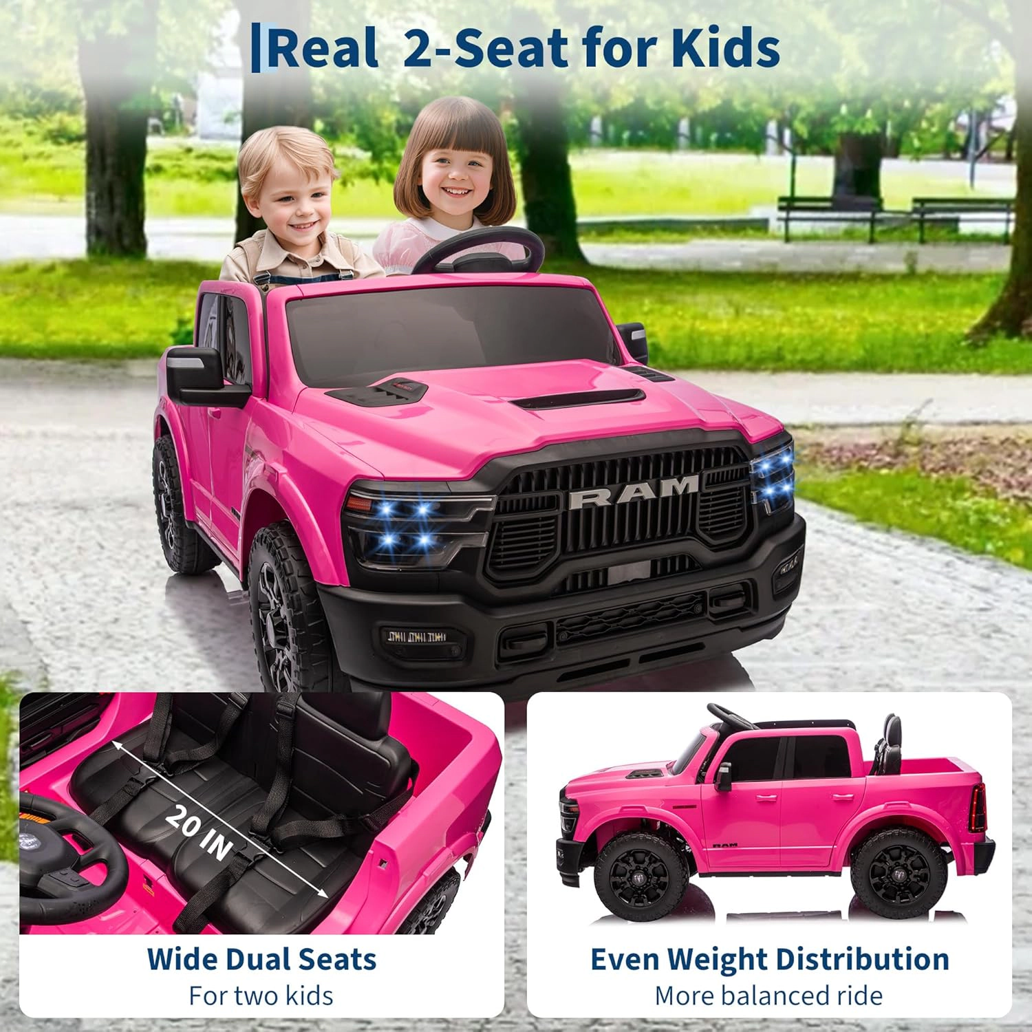 2 Seater Kids Electric Car, Licensed RAM 2500 24V Ride On Truck w/Remote, Bluetooth, 3 Speeds, LED, Suspension, Trunk