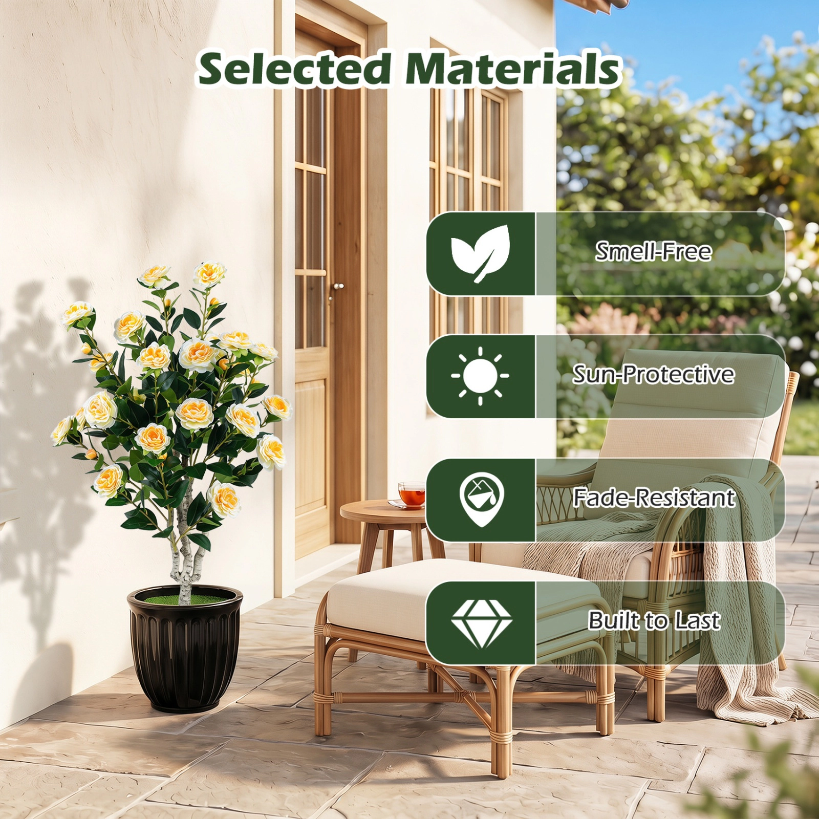 SUGIFT Set of 2 39.5-in Artificial Camellia Trees with Vivid Orange Blossoms and Cement-Filled Pots