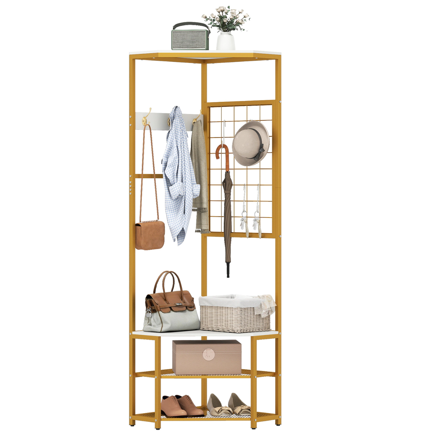 Glintex Corner Hall Tree with 3 Coat Hooks 4 S-Hooks and Adjustable Foot Pads