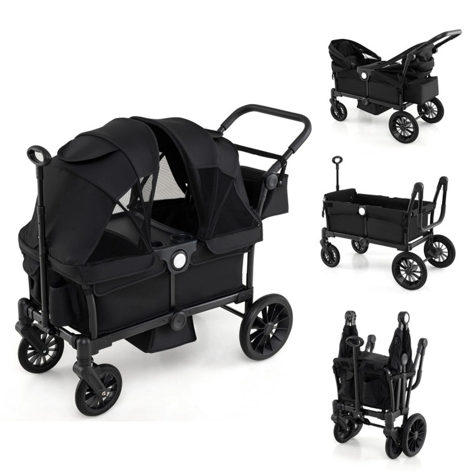 SUGIFT 2-Seater Push Pull Collapsible Kids Wagon Stroller 55-lb Capacity Per Seat Ages 6 Months+ Black/Gray
