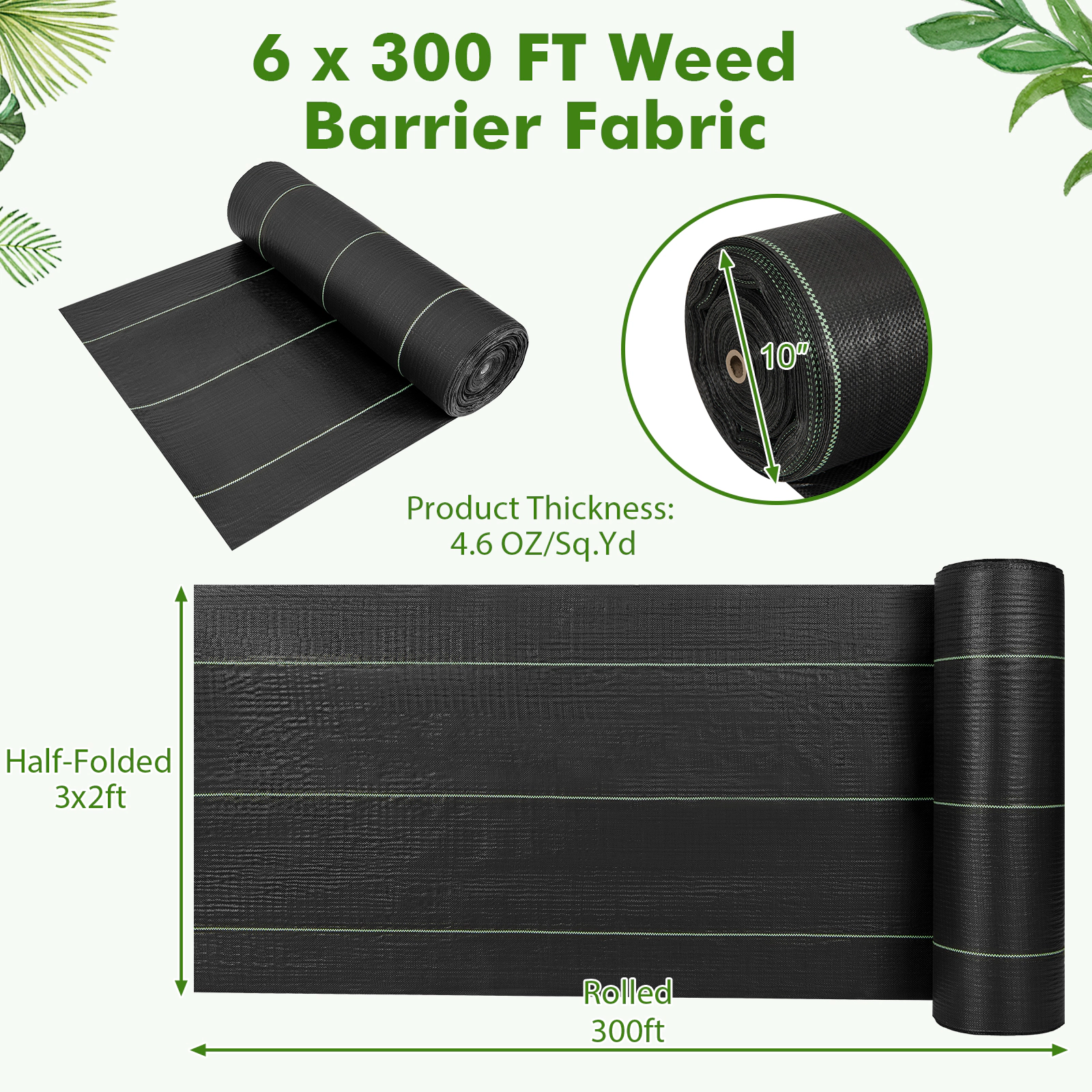SUGIFT 6-ft by 300-ft Tear-Resistant Woven PP Weed Barrier Landscape Fabric with Clear Guide Lines