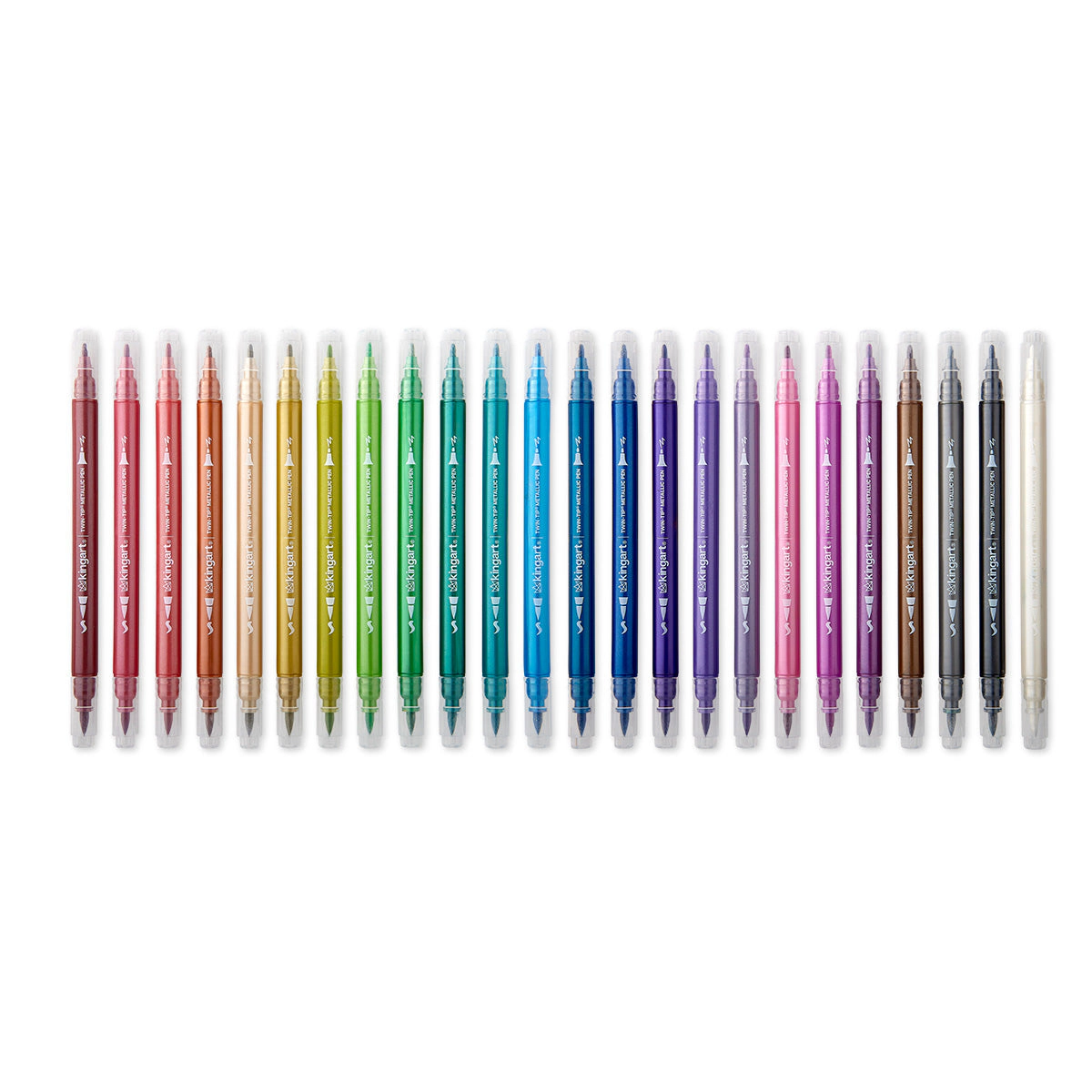 KINGART Twin-Tip Metallic Brush & Fine Pens - 24 Shimmering Water-Based Colors