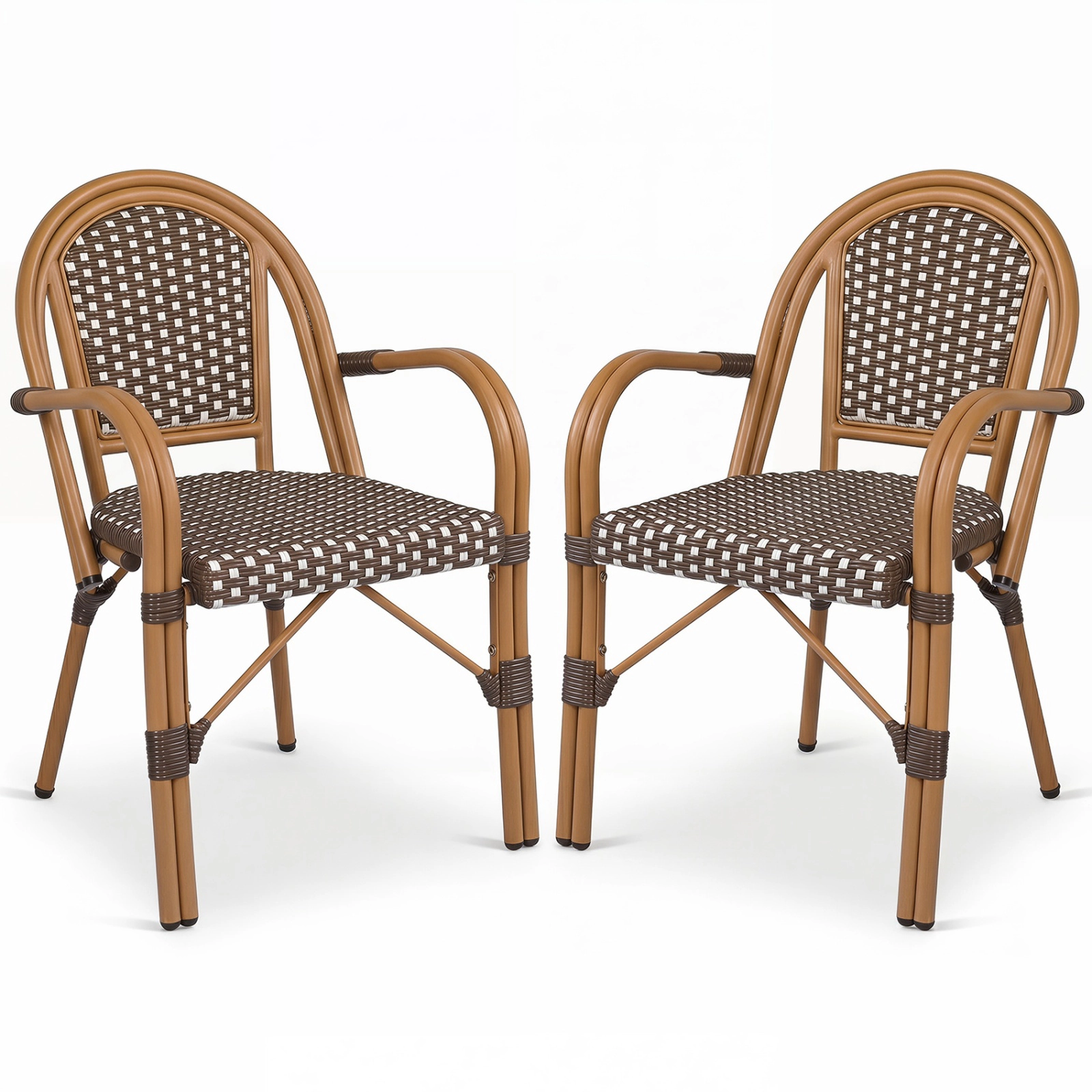 SUGIFT Set of 2 Brown Hand-Woven PE Rattan French Bistro Armchairs