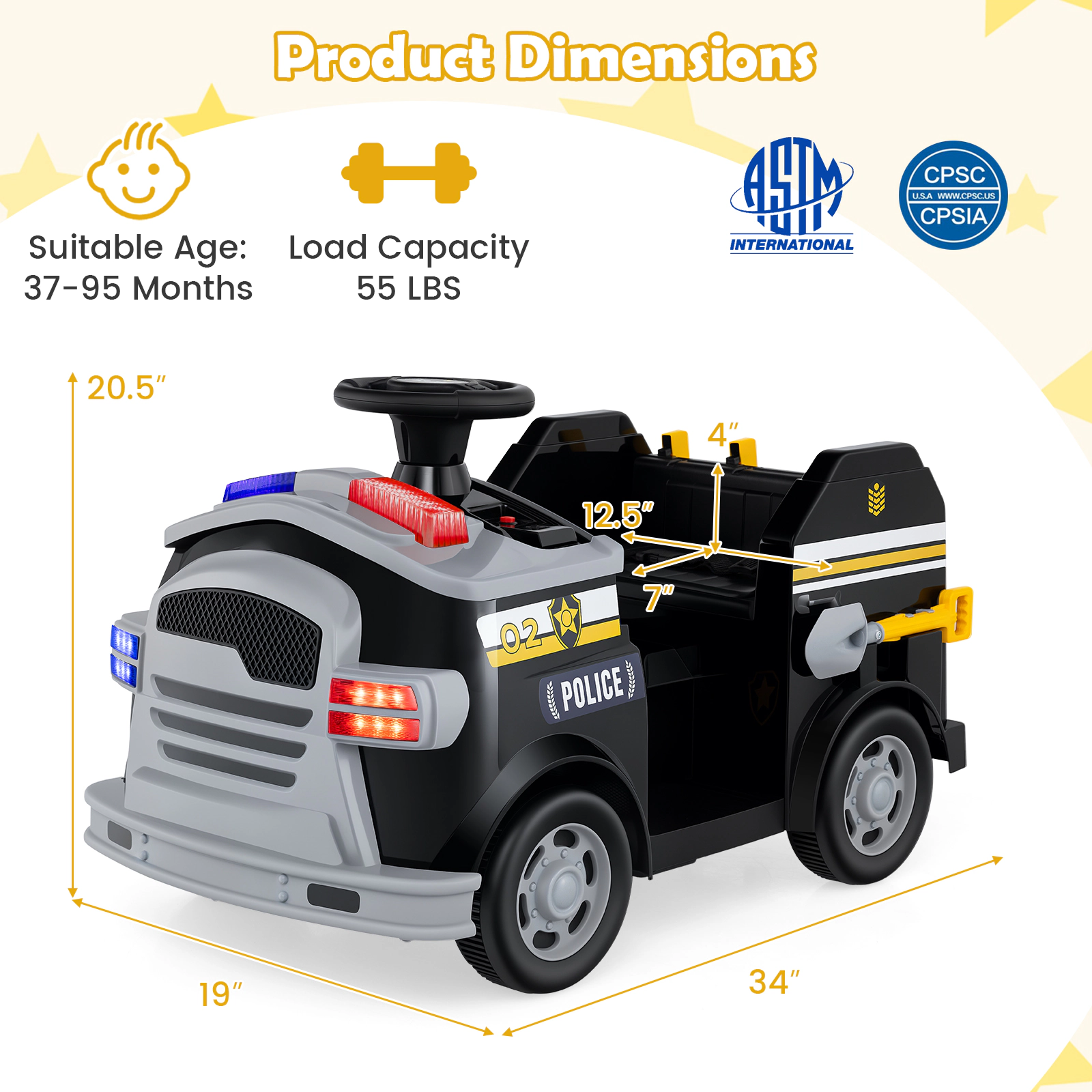 SUGIFT 12V Ride-On Fire Truck Toy Car with Shovel and Wrench 55-lb Capacity Ages 37-95 Months Black