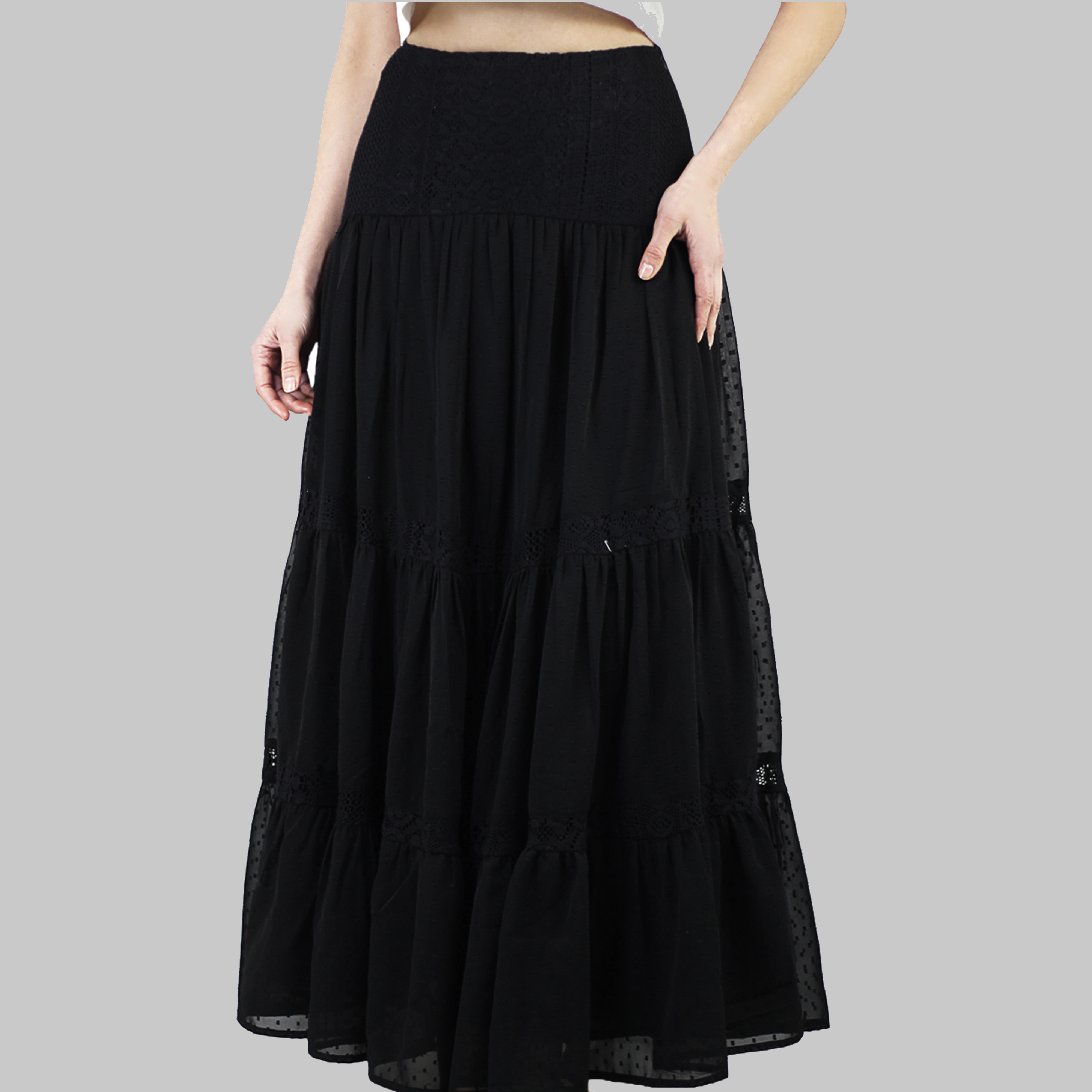 Artyska Women's Boho Flowy Tiered Ruffle Lace Long Maxi Skirt