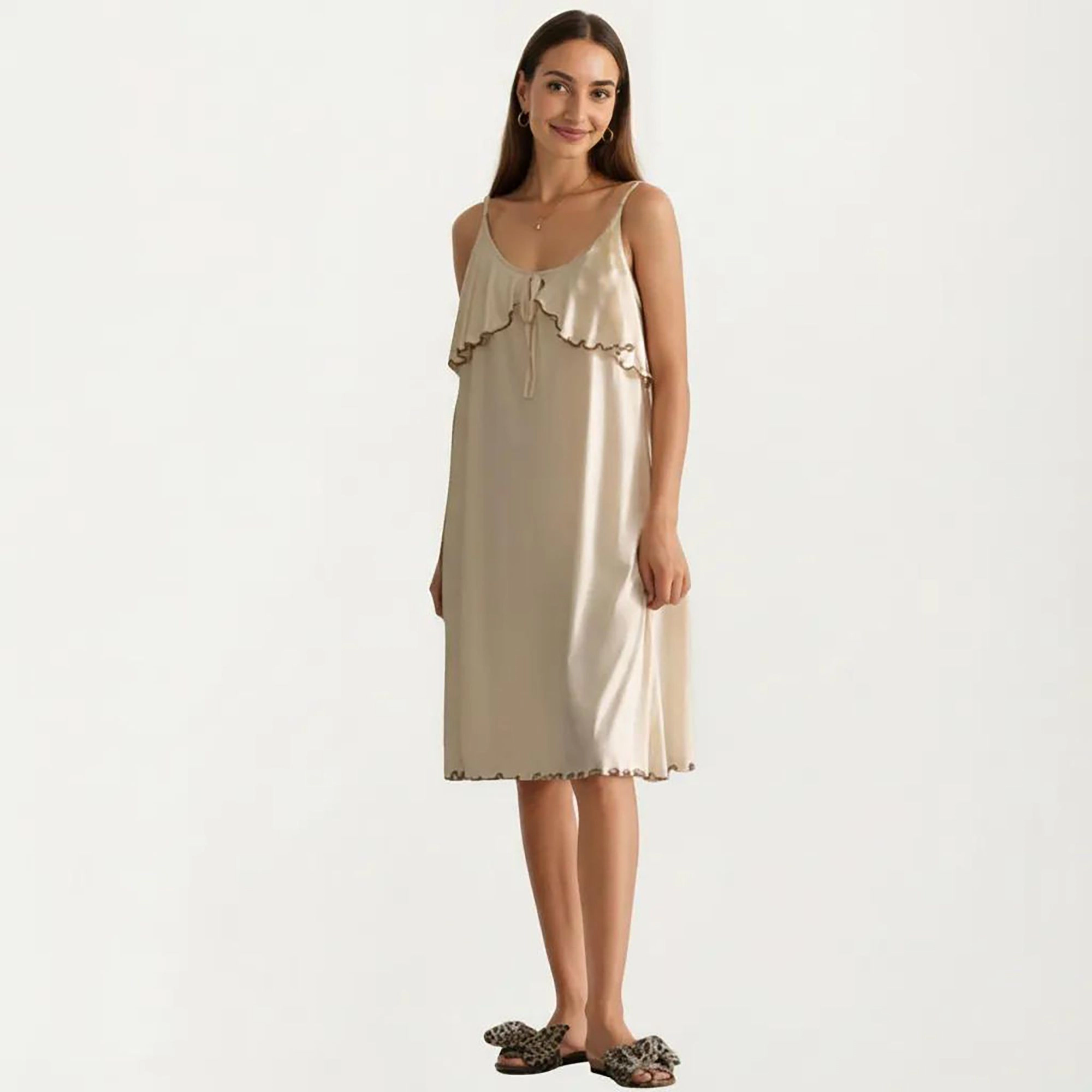 Anna-Kaci Women's Sleeveless Pajama Dress with Straps Tie Front Ruffle Trim Nightgown Relaxed Fit Sleepwear