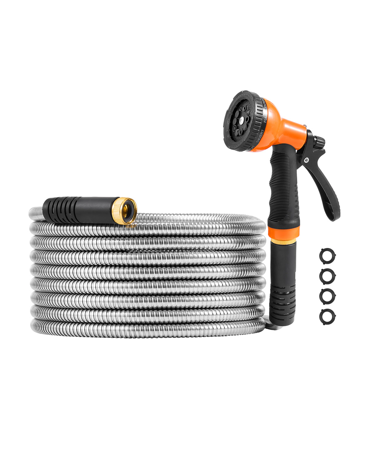 HONGGE 25 ft Stainless Steel Garden Hose, Rust-Proof Lightweight Metal Hose with 10-Function Spray Nozzle