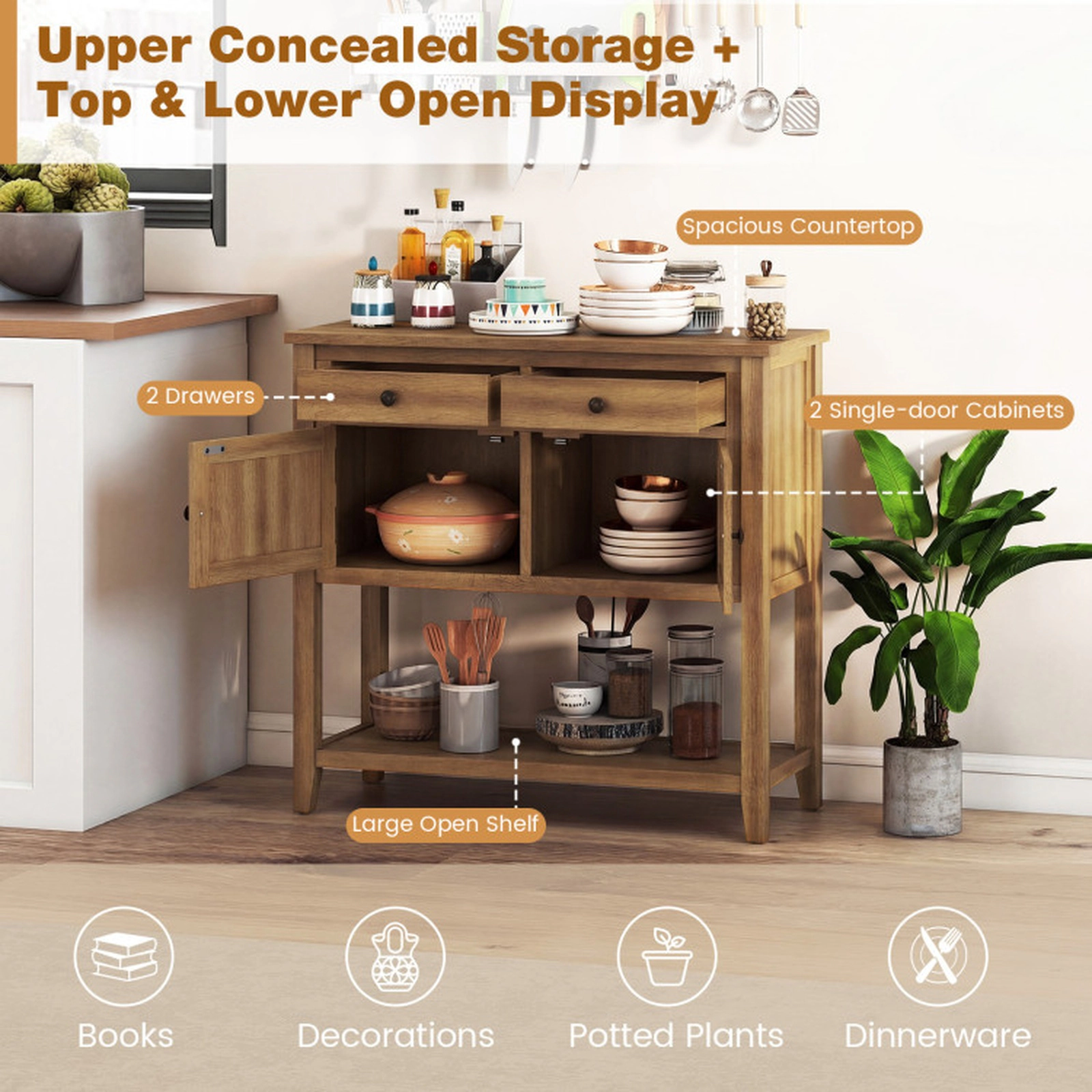 SUGIFT 36-in Walnut Mid-Century Coffee Bar Buffet Sideboard Console Table with 2 Drawers and 2 Cabinets