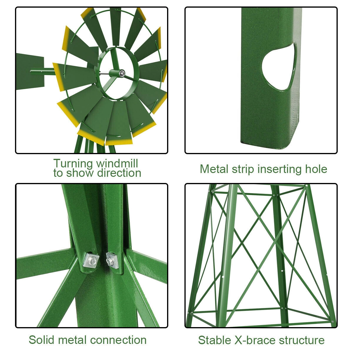 SUGIFT 8-ft Weather-Resistant Metal Ornamental Windmill with Weathervane Rolling Bearing and 4 Ground Stakes