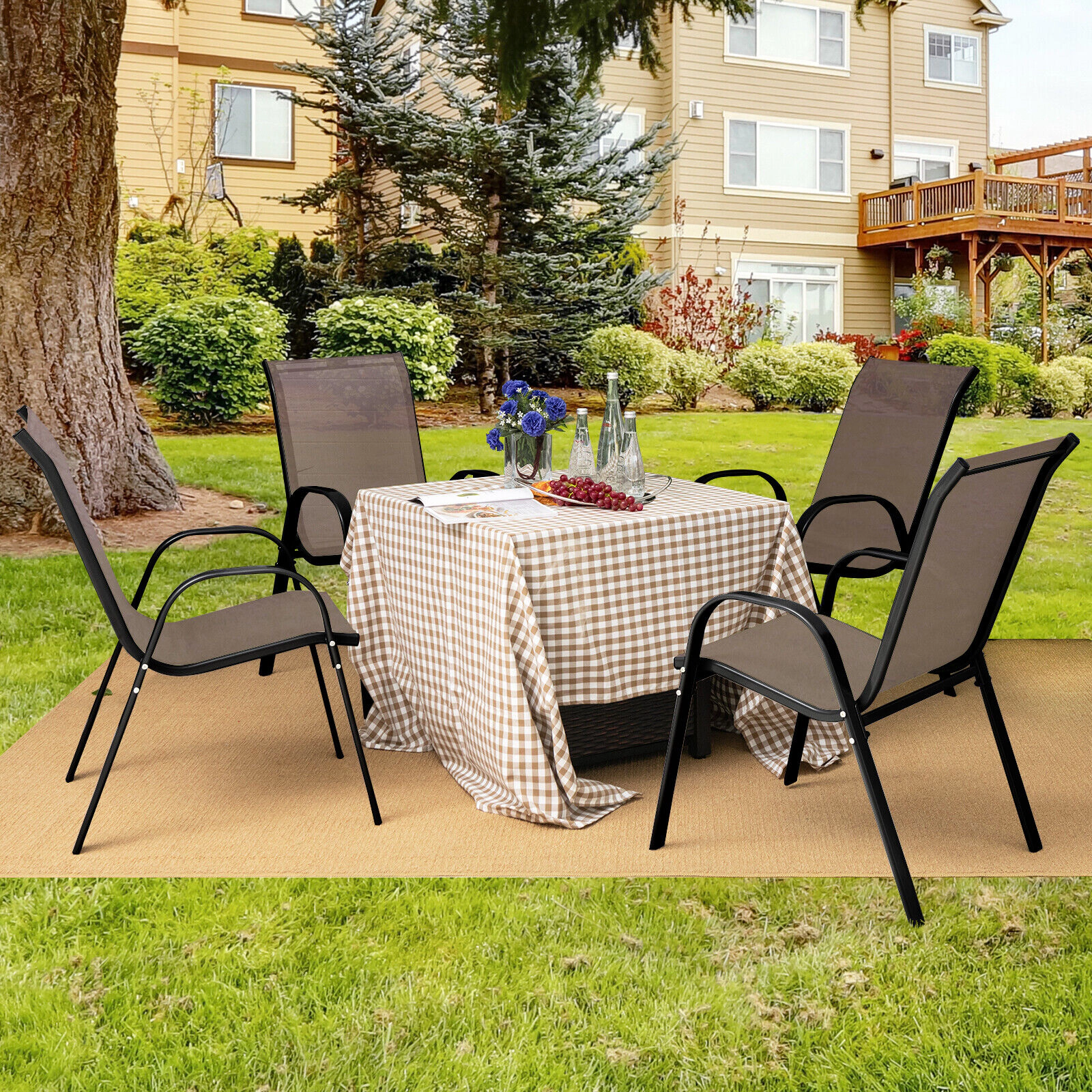 SUGIFT Stackable Patio Dining Chairs with Armrests 330-Lb Capacity Brown