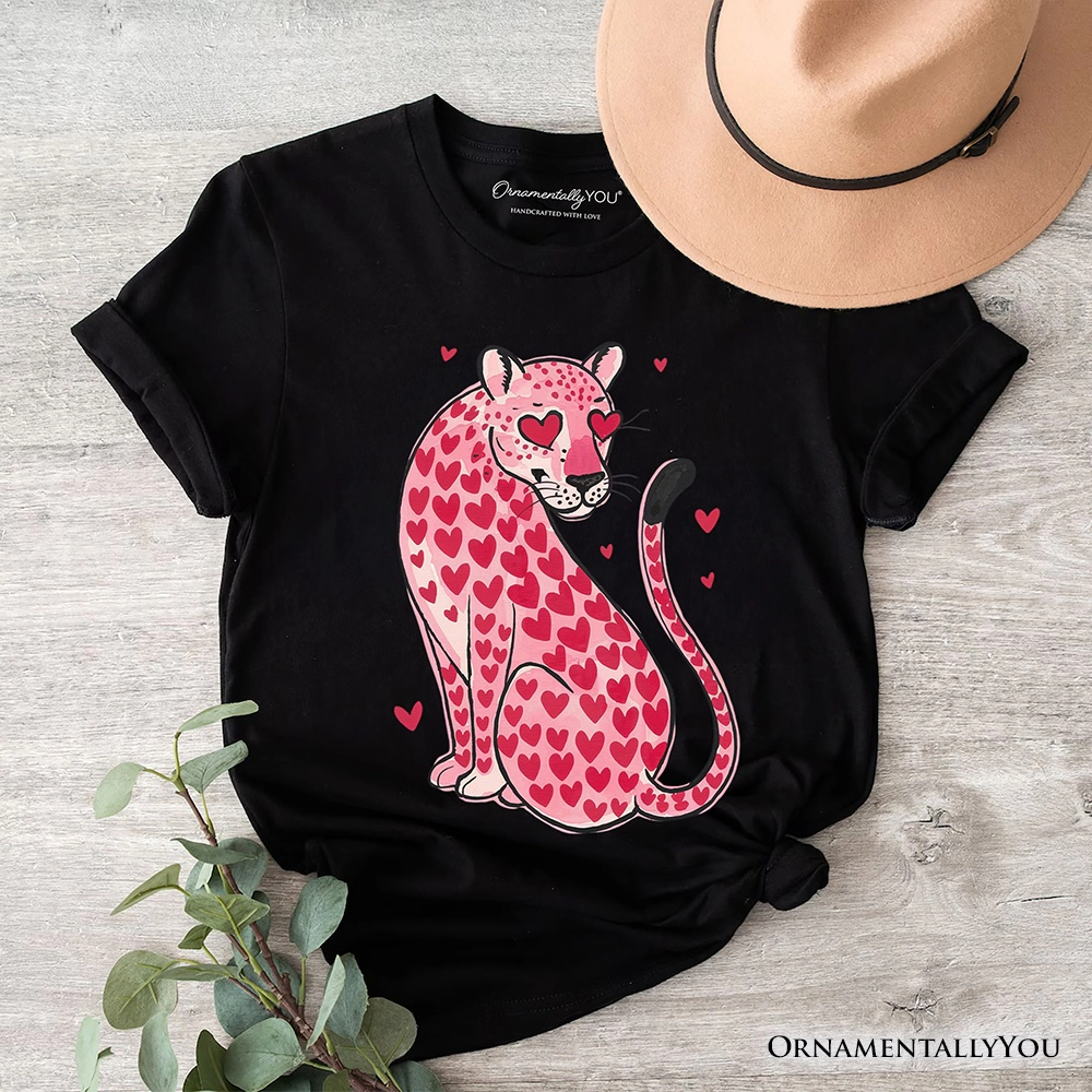 OrnamentallyYou Womens Pink Leopard Valentine Love Hearts T-Shirt