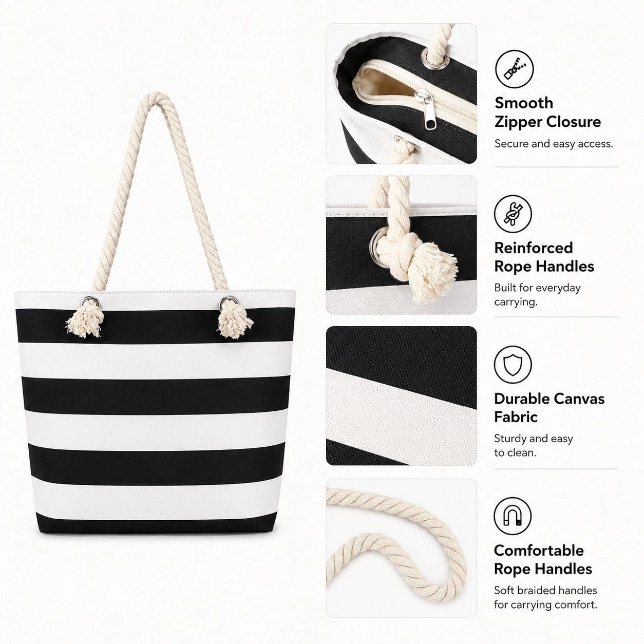 Alilang Women's Striped Canvas Beach Tote Bag with Zip Closure and Rope Shoulder Handles, Black