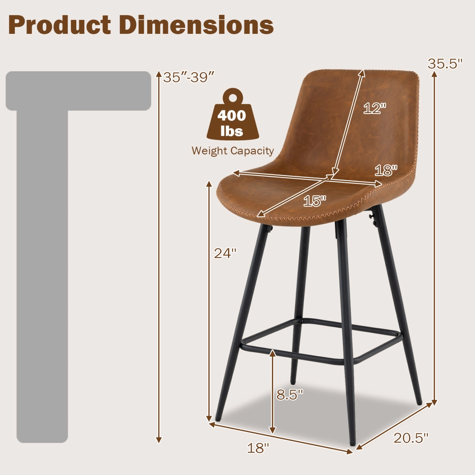 SUGIFT Set of 2 Counter Height Bar Stools, 24-In Faux Leather Seats, Curved Backs, Footrests, 400-Lb Capacity
