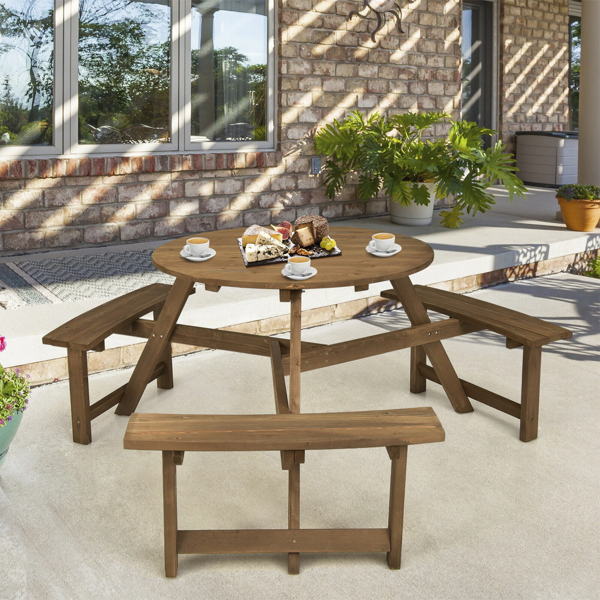 SUGIFT 6-Person Round Wooden Picnic Table with 3 Built-in Benches & Umbrella Hole 220-lb Tabletop Capacity 500-lb Bench