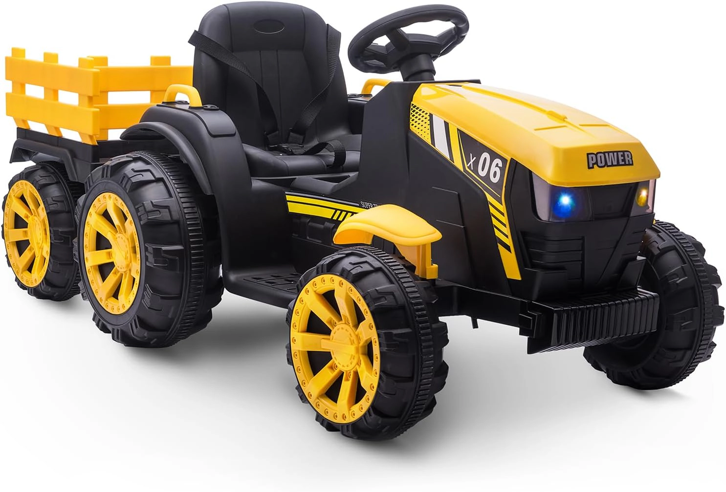 Enjyam 12V Kids Ride On Tractor w/Remote, 7Ah Battery, Dual 35W Motors, Detachable Trailer, LED Lights, Music