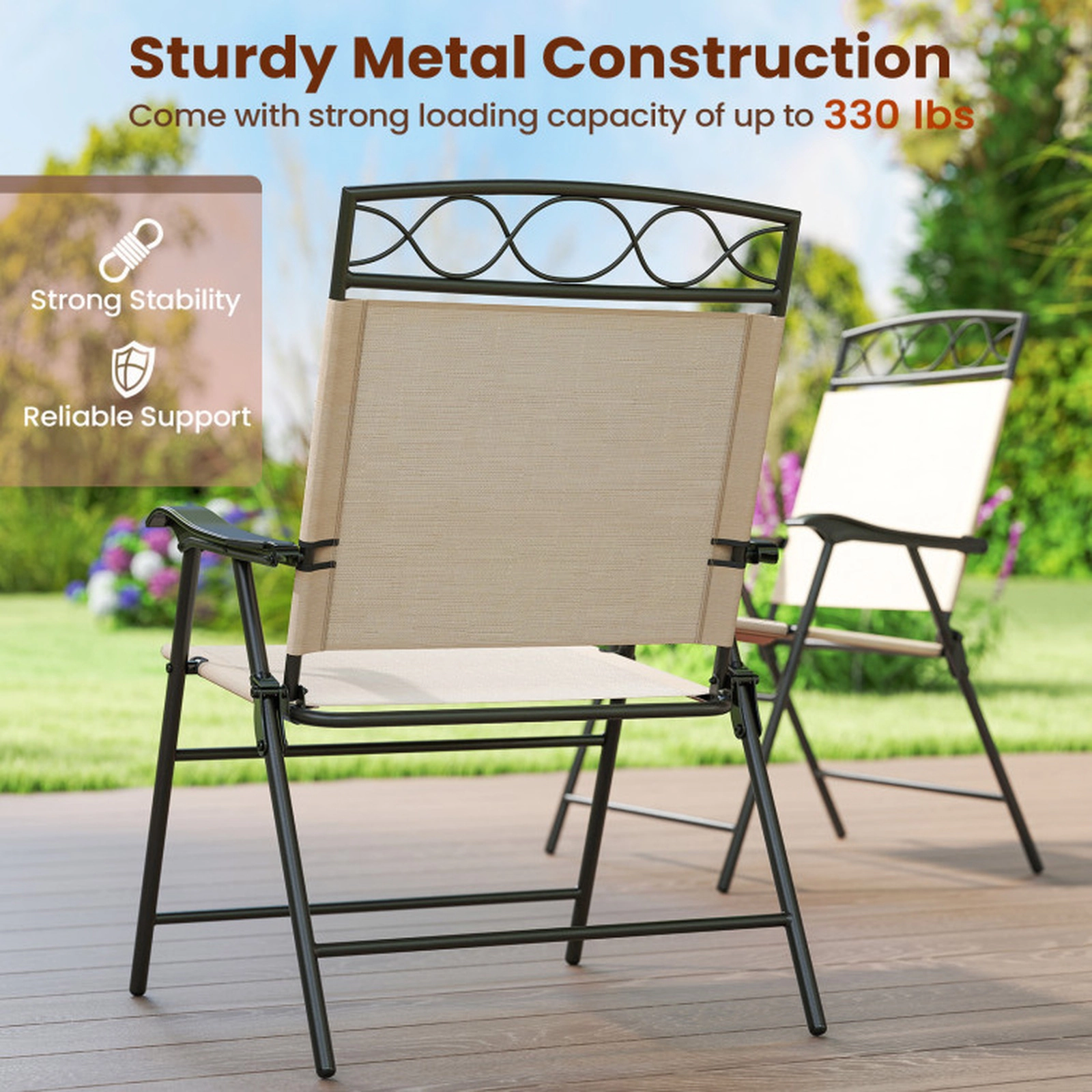 SUGIFT Set of 4 Folding Curved Armrests Metal Frame Patio Dining Chairs 25.5-in x 24-in x 36-in 330-lb Capacity Beige