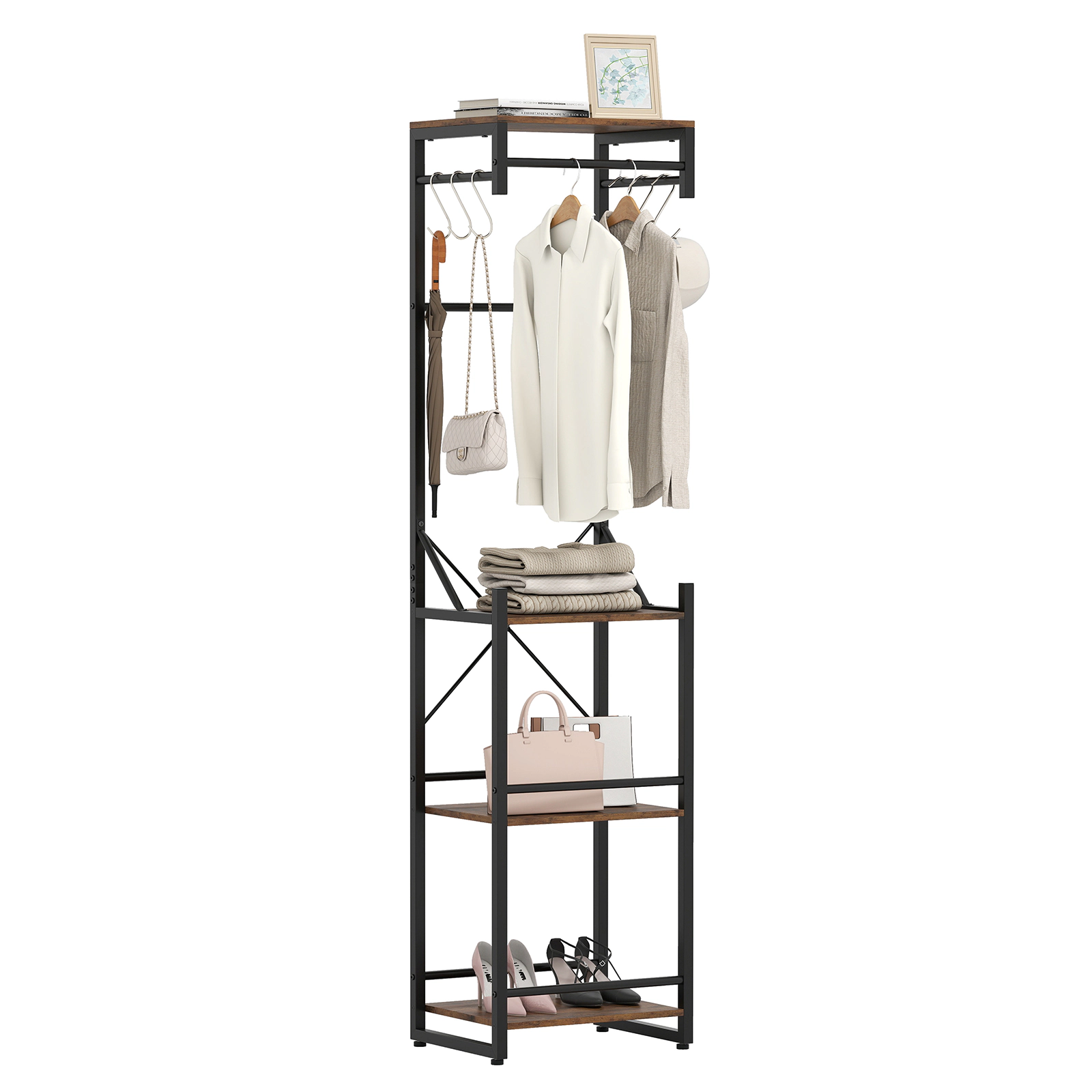 SUGIFT Freestanding Coat Rack 4 Storage Shelves 3 Hanging Rods & 6 Hooks 22-lb Top Shelf 33-lb Bottom Shelves Rustic