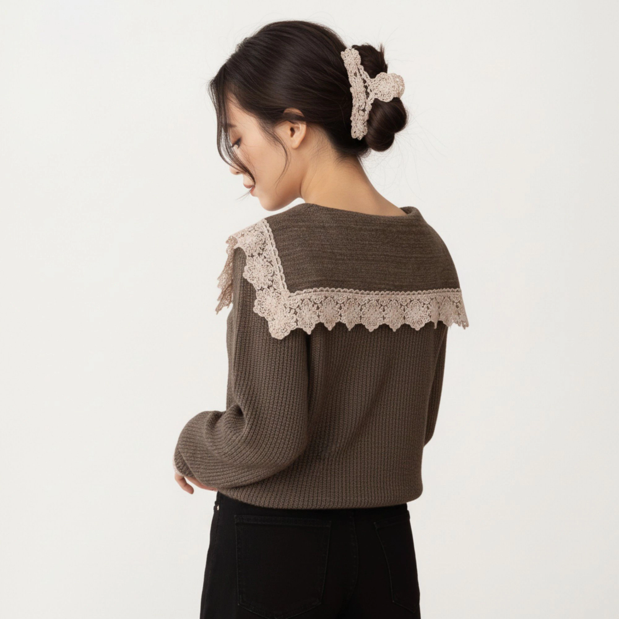 Anna-Kaci Women's Long Sleeve Ribbed Knit Top with Lace Trim Collar and Button Front Detail