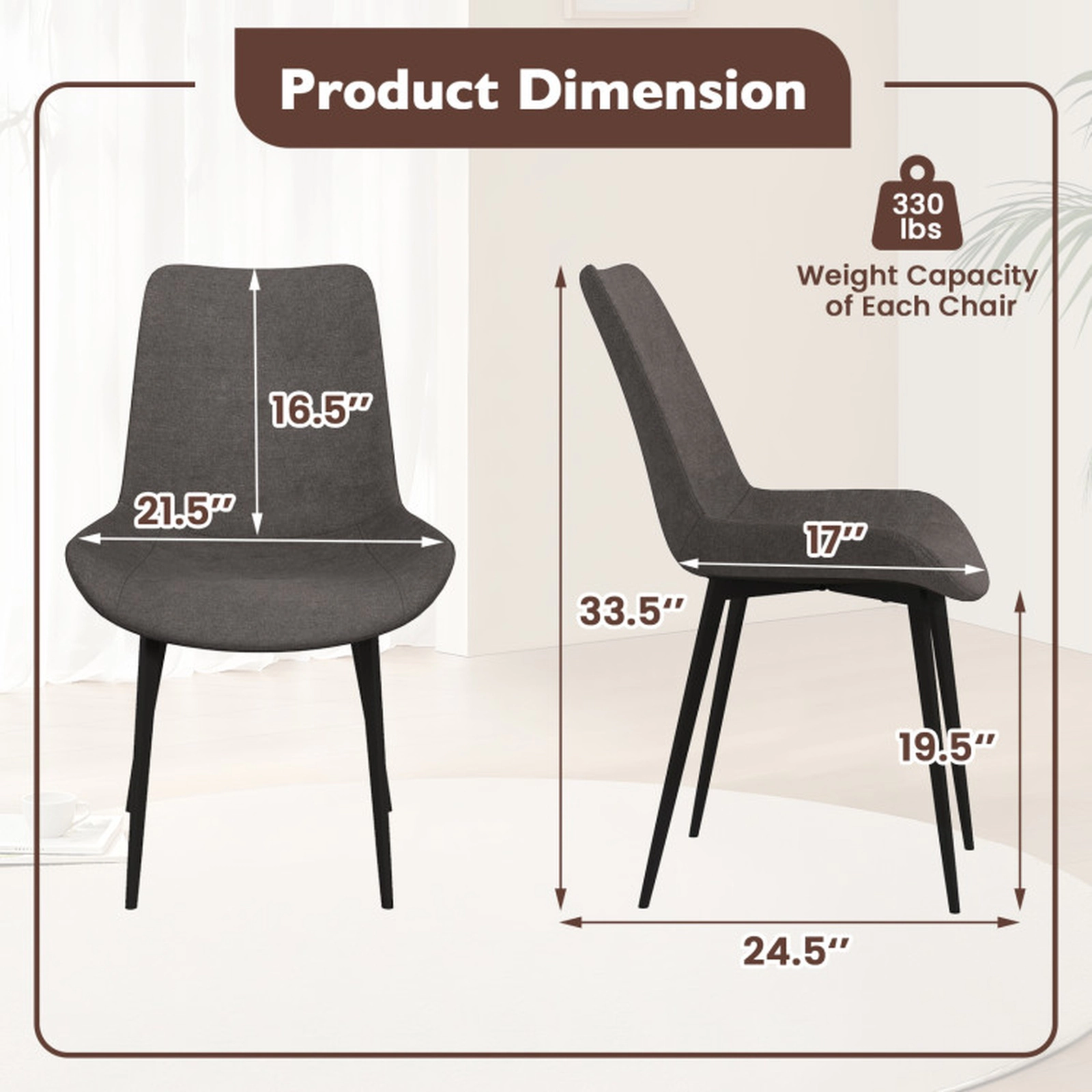 SUGIFT Set of 4 Faux Linen Upholstered Metal Legs Dining Chairs 24.5-in x 21.5-in x 33.5-in 330-lb Capacity Gray