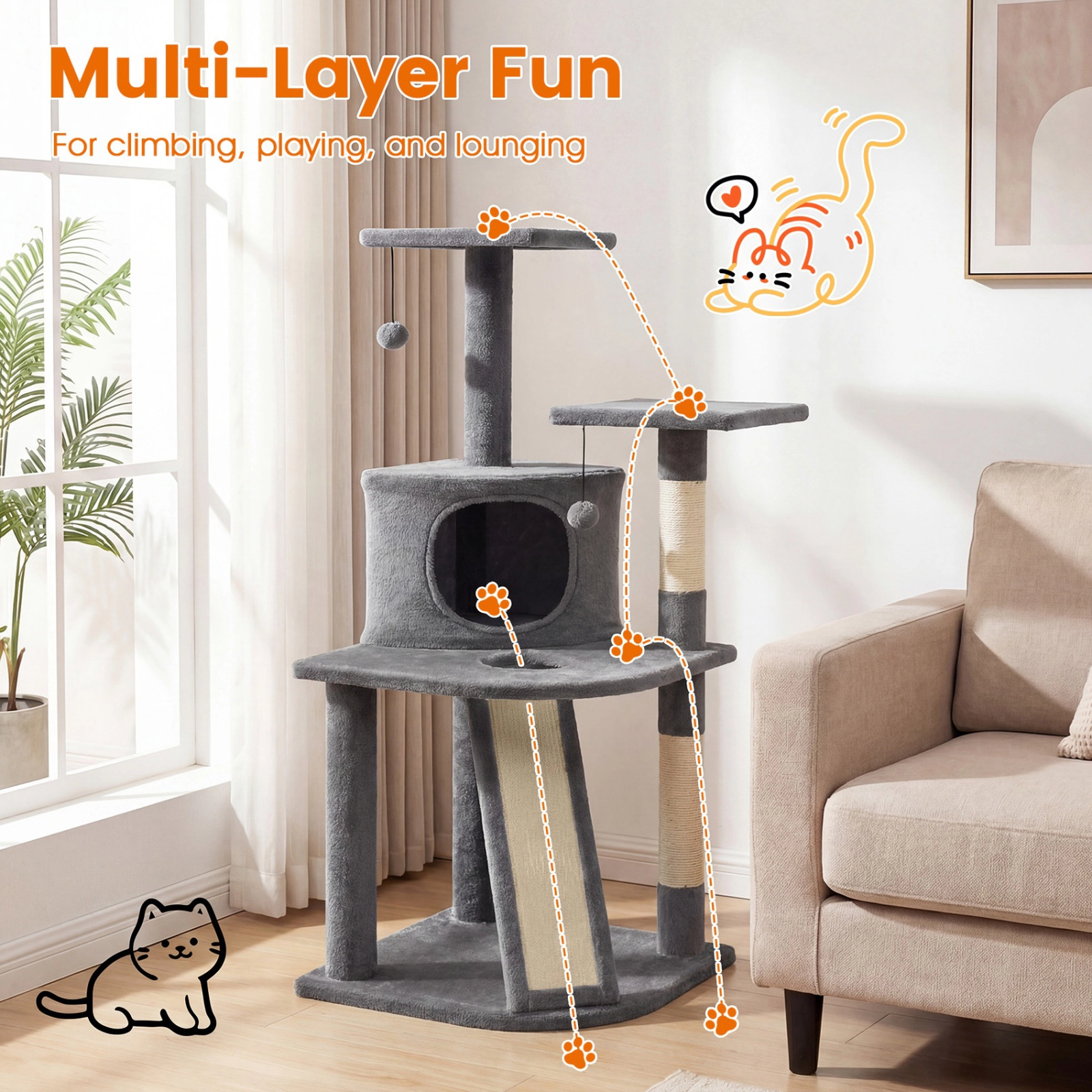 SUGIFT 44-in Dark Gray Kitten Cat Tree with Enclosed Condo Twin Plush Beds and Sisal Scratching Posts