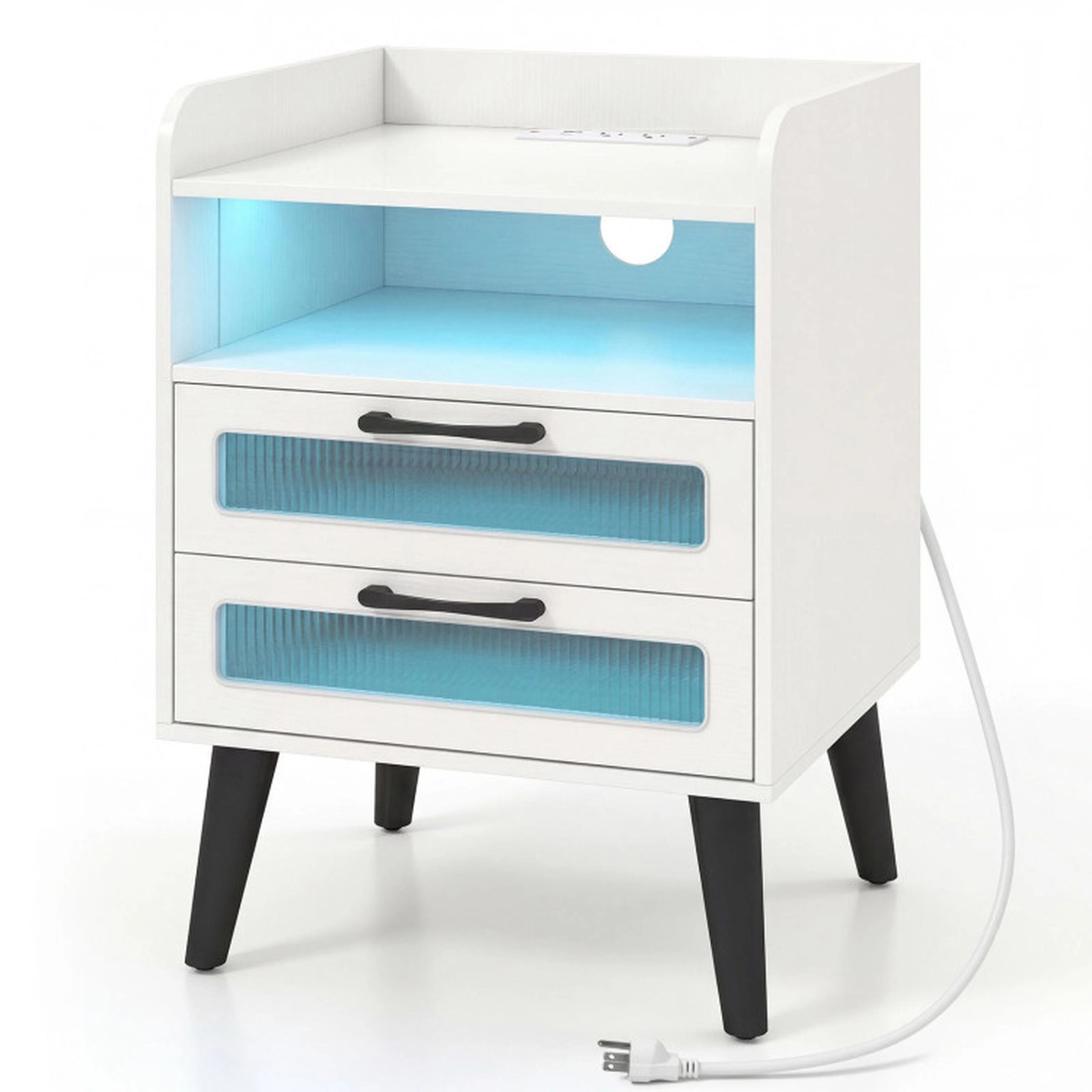 SUGIFT Mid Century Modern Nightstand Charging Station & LED Lights 90-lb Tabletop Capacity 17.5-in Wide White/Natural