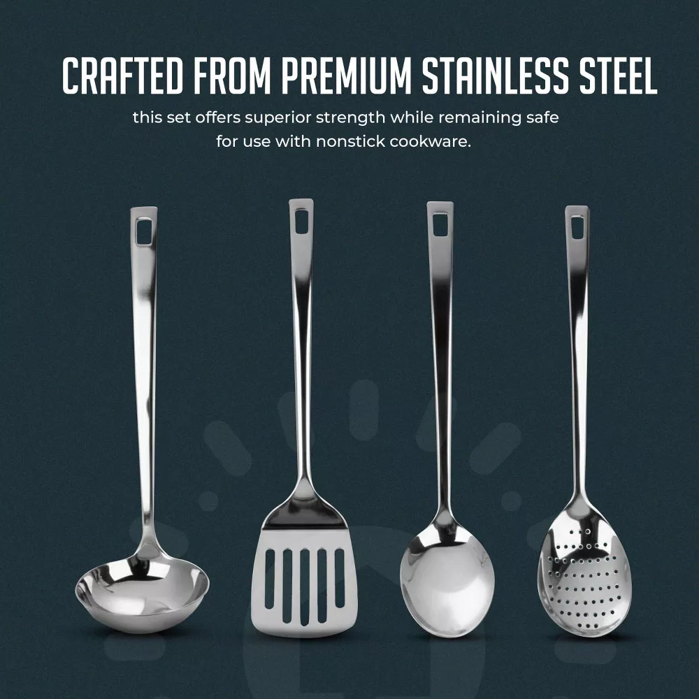 Luminuxe Stainless Steel Kitchen Utensil Set w/ Holder, 5pc Heat Resistant Kitchen Tools w Ladle Skimmer & Serving Spoon