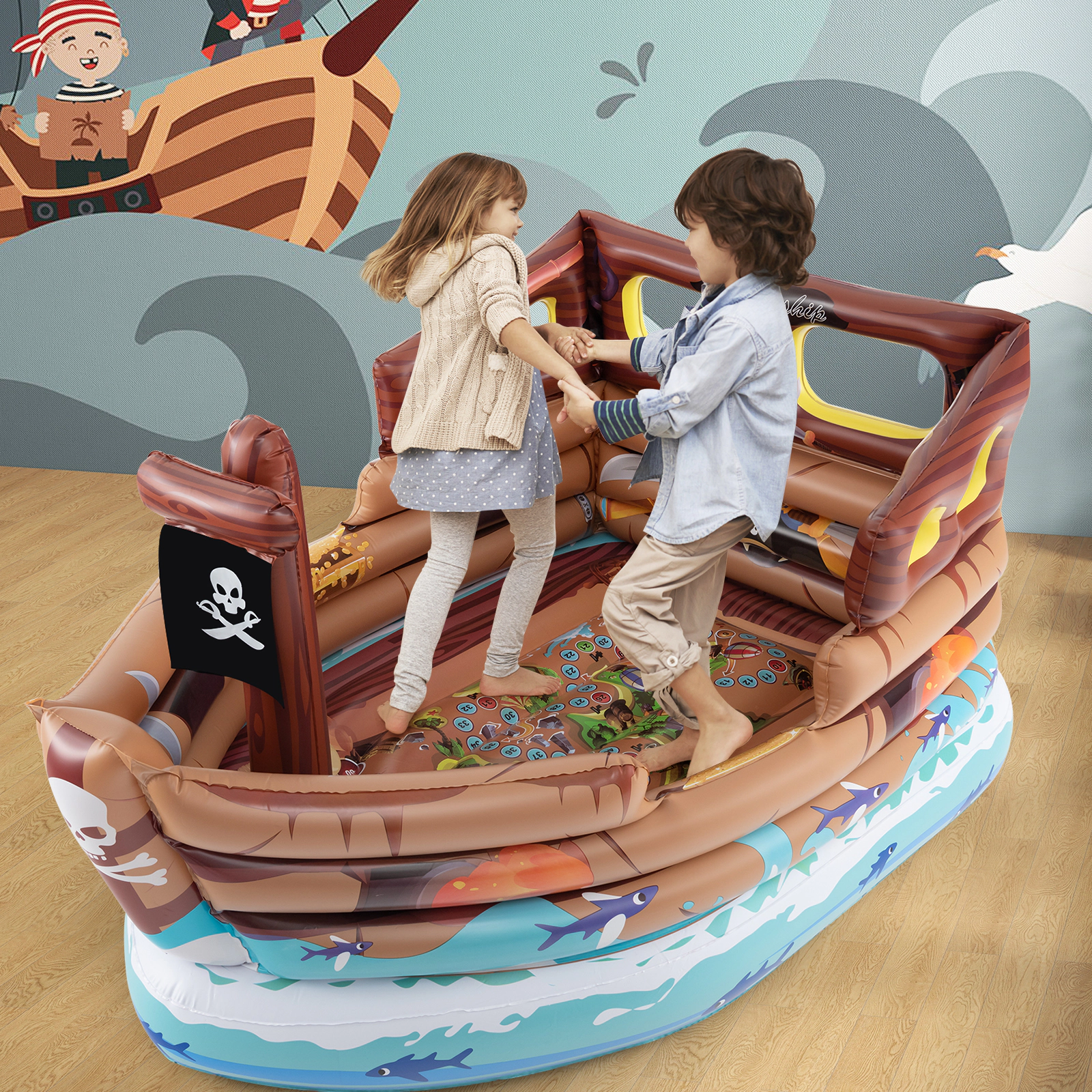 SUGIFT Brown Built-in Motor Toy Sword and Pirate Hat Kids Inflatable Pirate Ship Playhouse