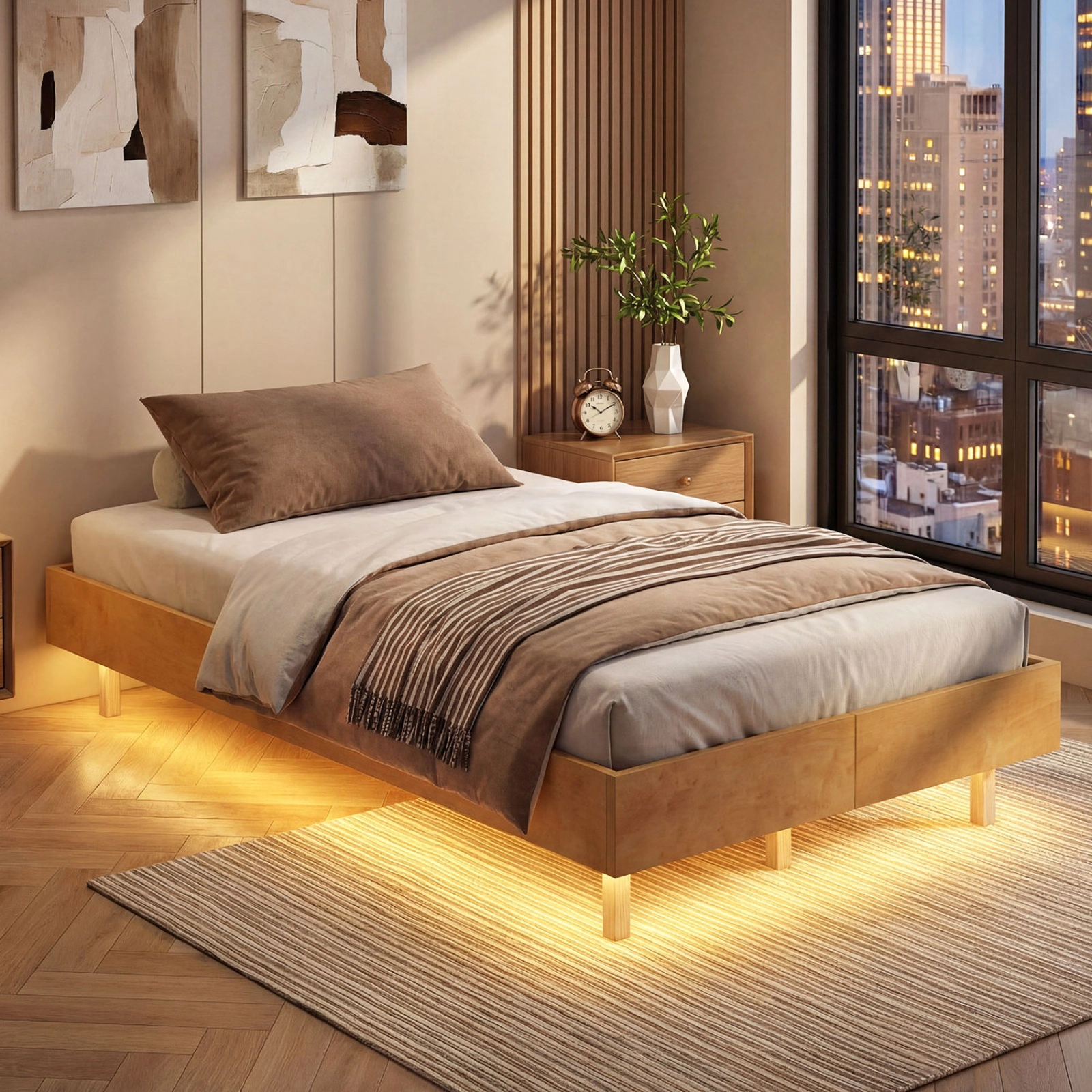SUGIFT Floating Twin Bed Frame with RGB LED Lights 570-lb Capacity Natural
