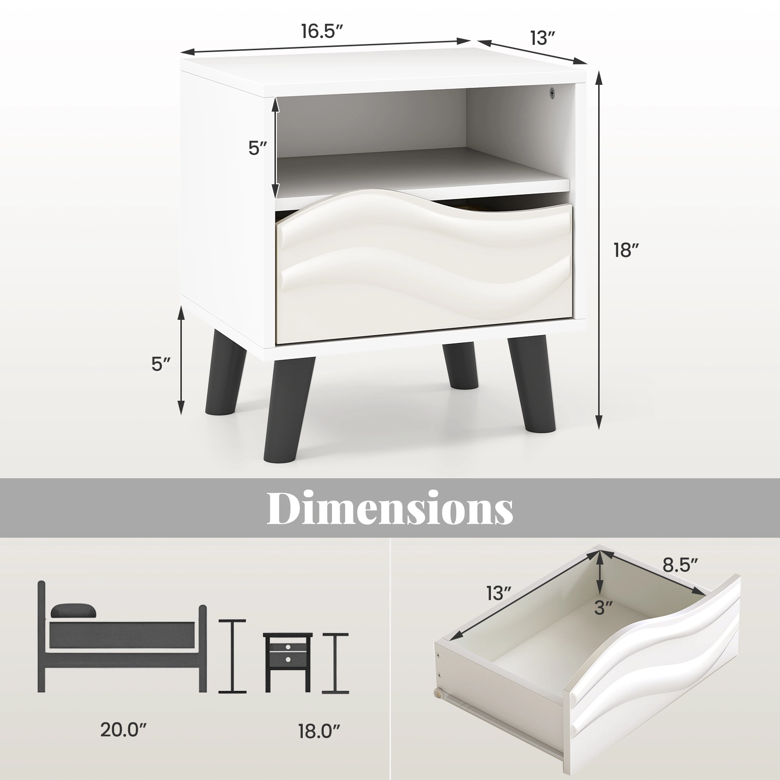 Glintex Mid-Century Nightstand with 3D Wavy Drawer Front and Open Shelf, White