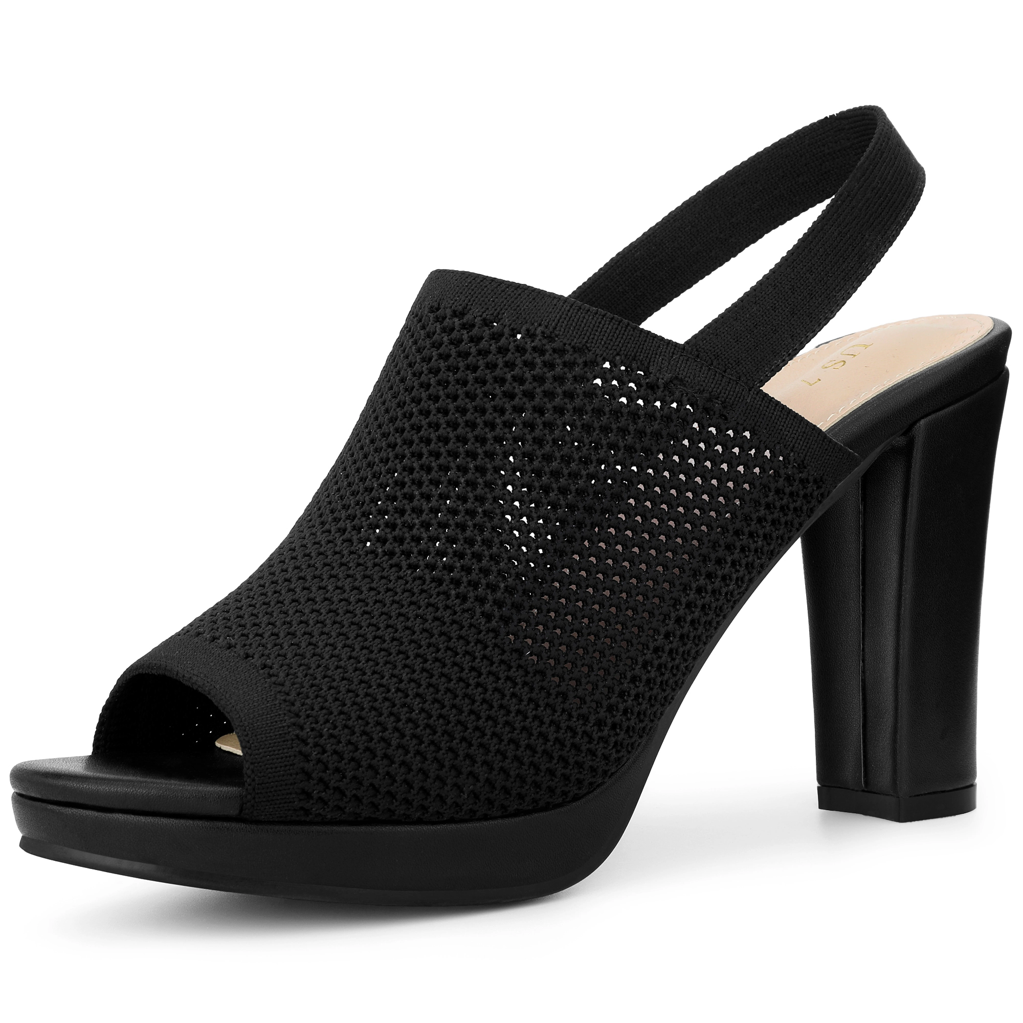 BLISSFUL STEP Women's Knit Peep Toe Platform Slingback Chunky Heels Sandals