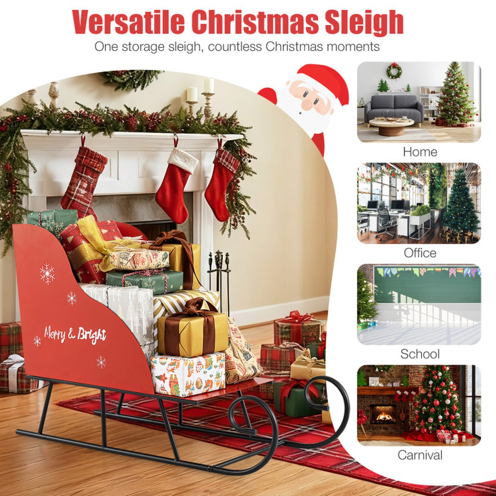 SUGIFT Red and Black 29-in Metal Christmas Santa Sleigh Basket for Gift Garland and Ornament Storage