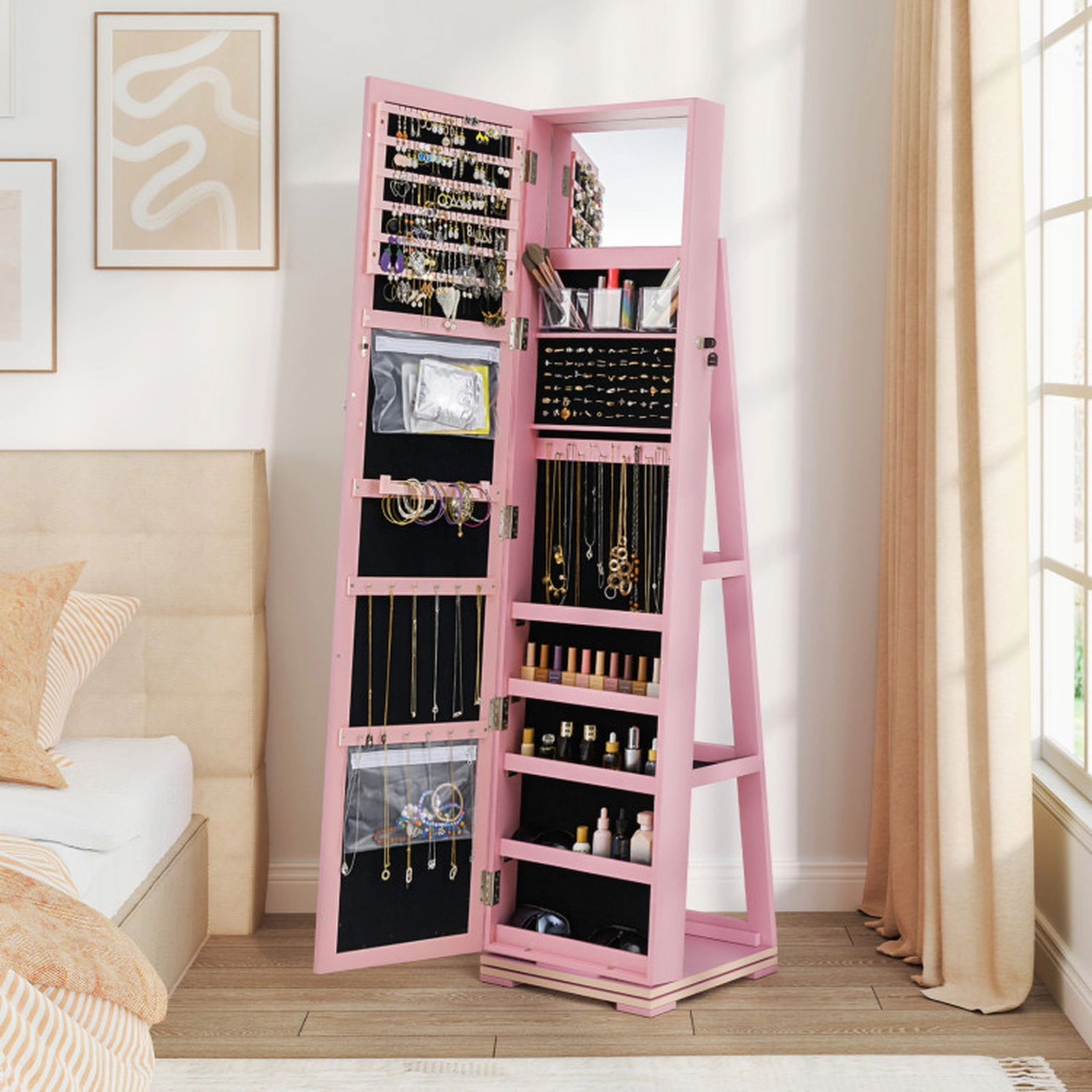 SUGIFT 2-in-1 Pink Lockable Jewelry Cabinet with 57-in Full-Length Mirror Rotating Base and Anti-Rust Hooks