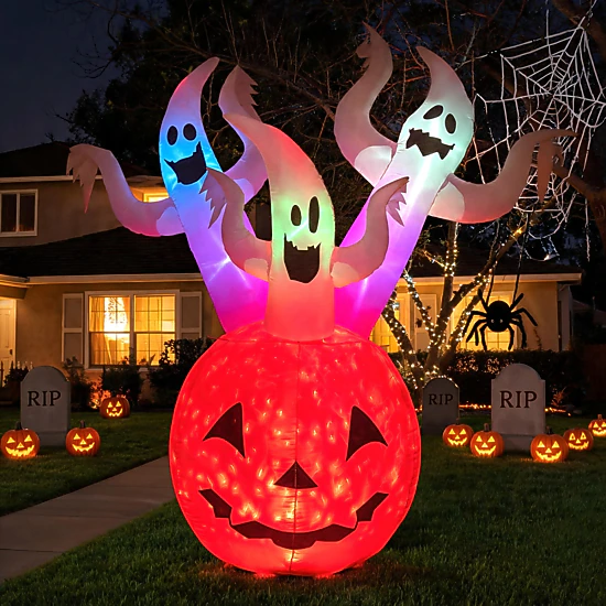 SUGIFT 6-ft Inflatable Ghost Pumpkin Halloween Decoration with Colorful ...