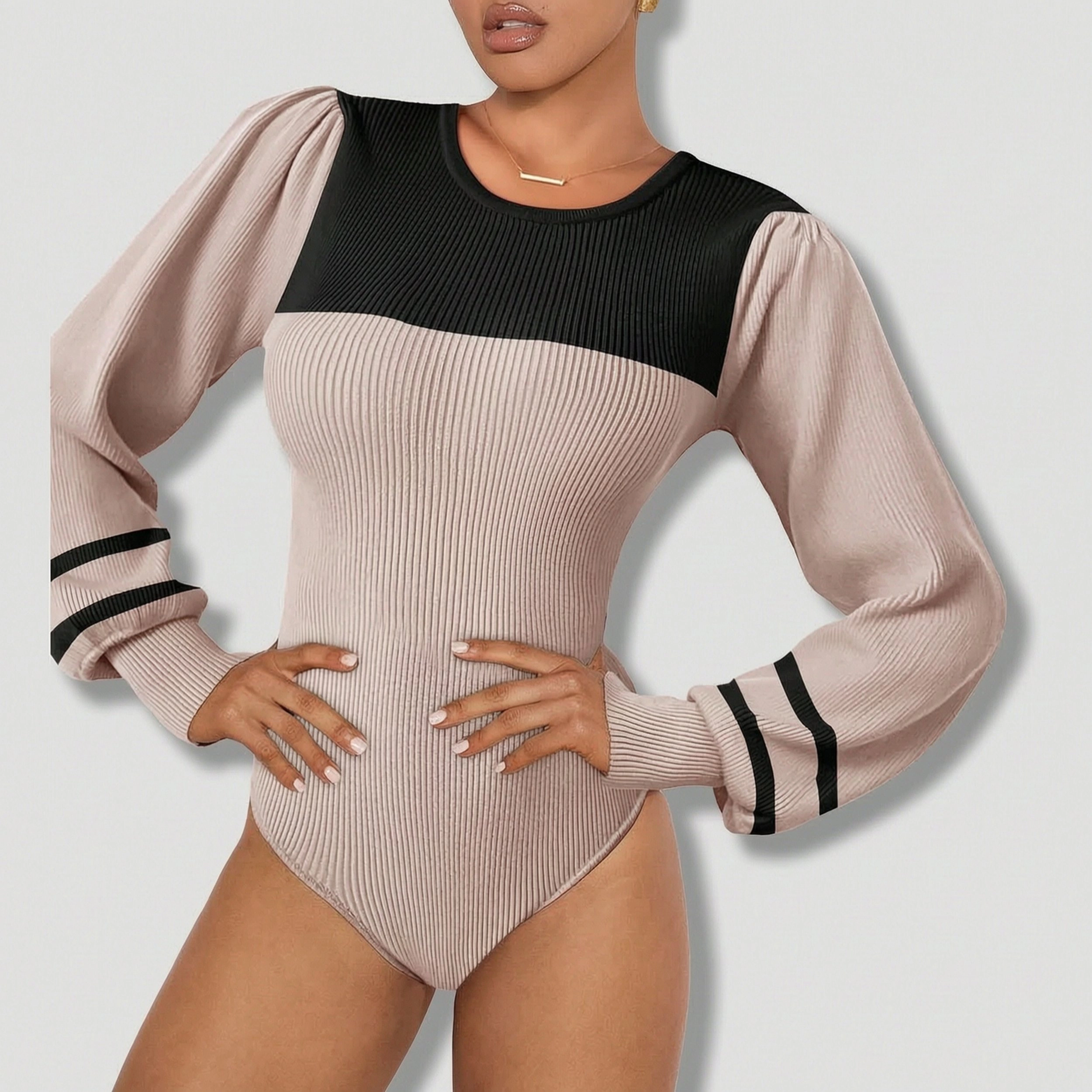 Zeagoo Women's Long Puff Sleeve Crewneck Ribbed Knit Slim Fit Bodysuit