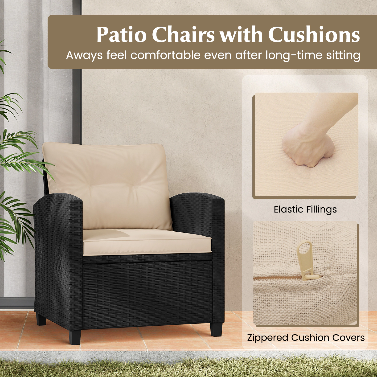 SUGIFT 3-Piece PE Rattan Patio Conversation Set with Tempered Glass Coffee Table 400-lb Chair Capacity Off White