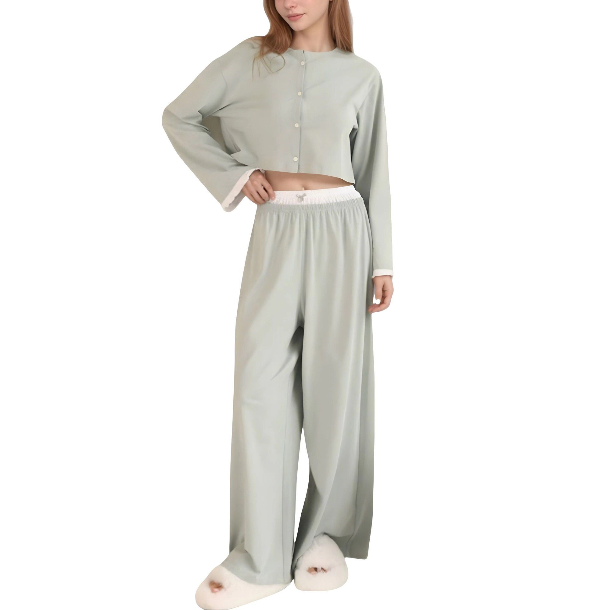 Anna-Kaci Women's Cropped Button Up Long Sleeve Pajama Set with Contrast Trim and Wide Leg Pants