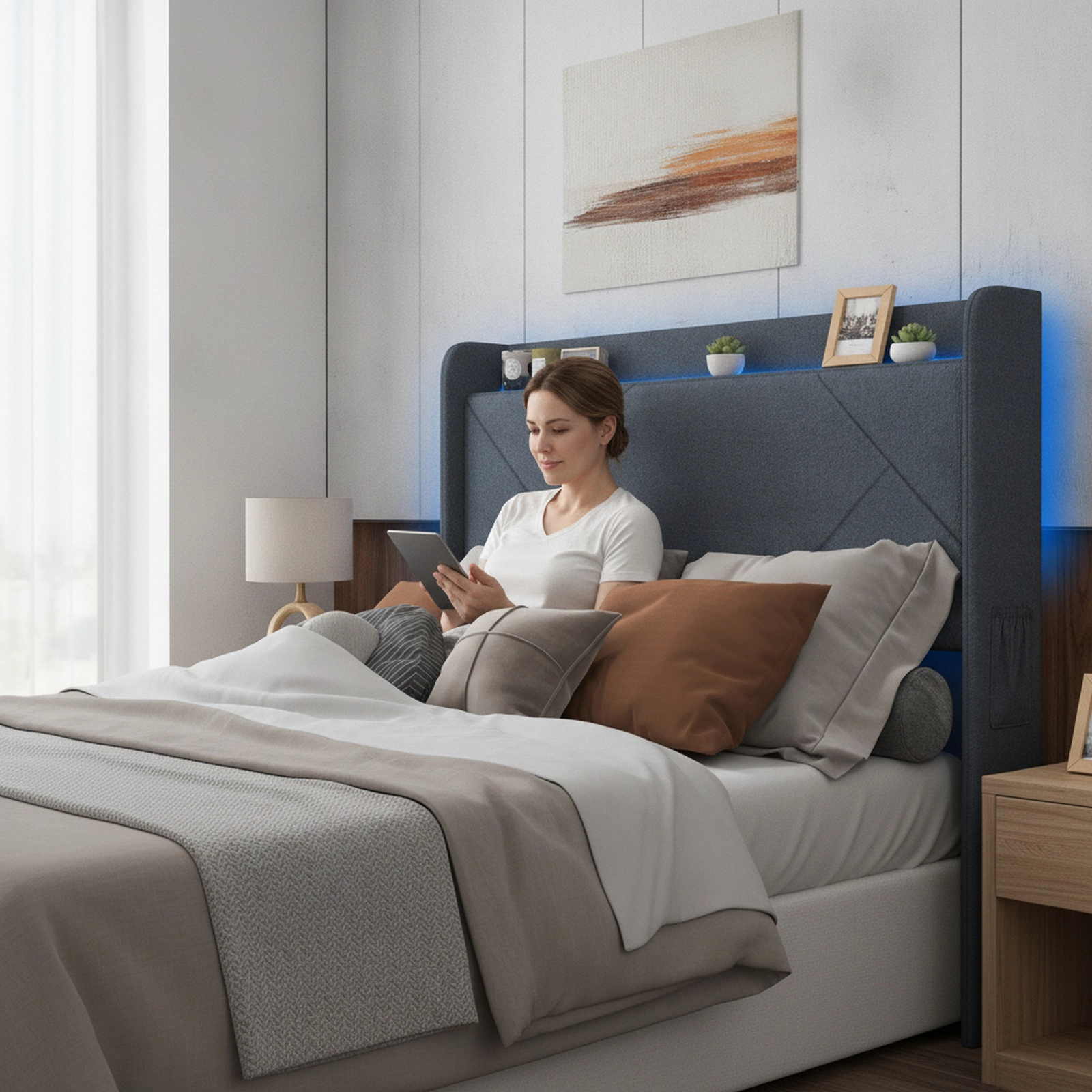 SUGIFT Full Size Platform Bed with LED Lights, Charging Station, Storage Drawers and Grey Upholstered Headboard