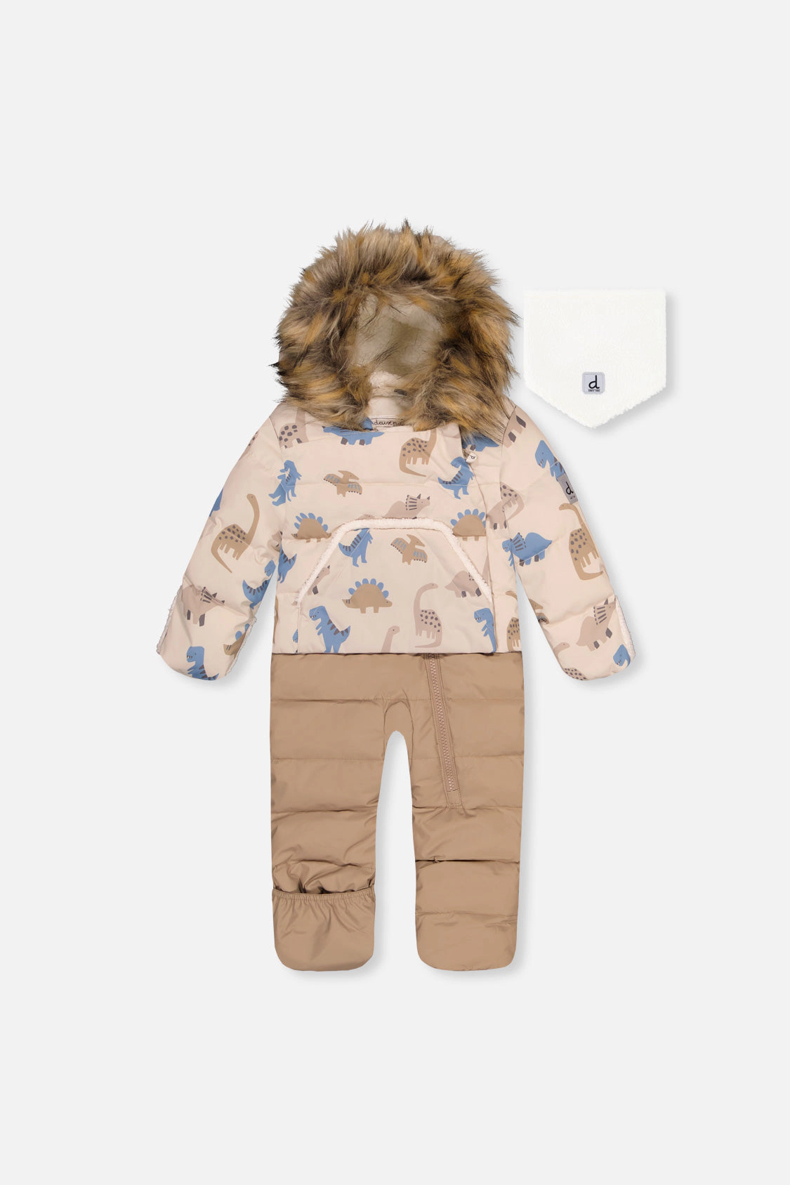 Deux par Boys Snug Dinosaur Print One Piece Snowsuit Adapted for Car Seats with Faux Fur-Trimmed Hood