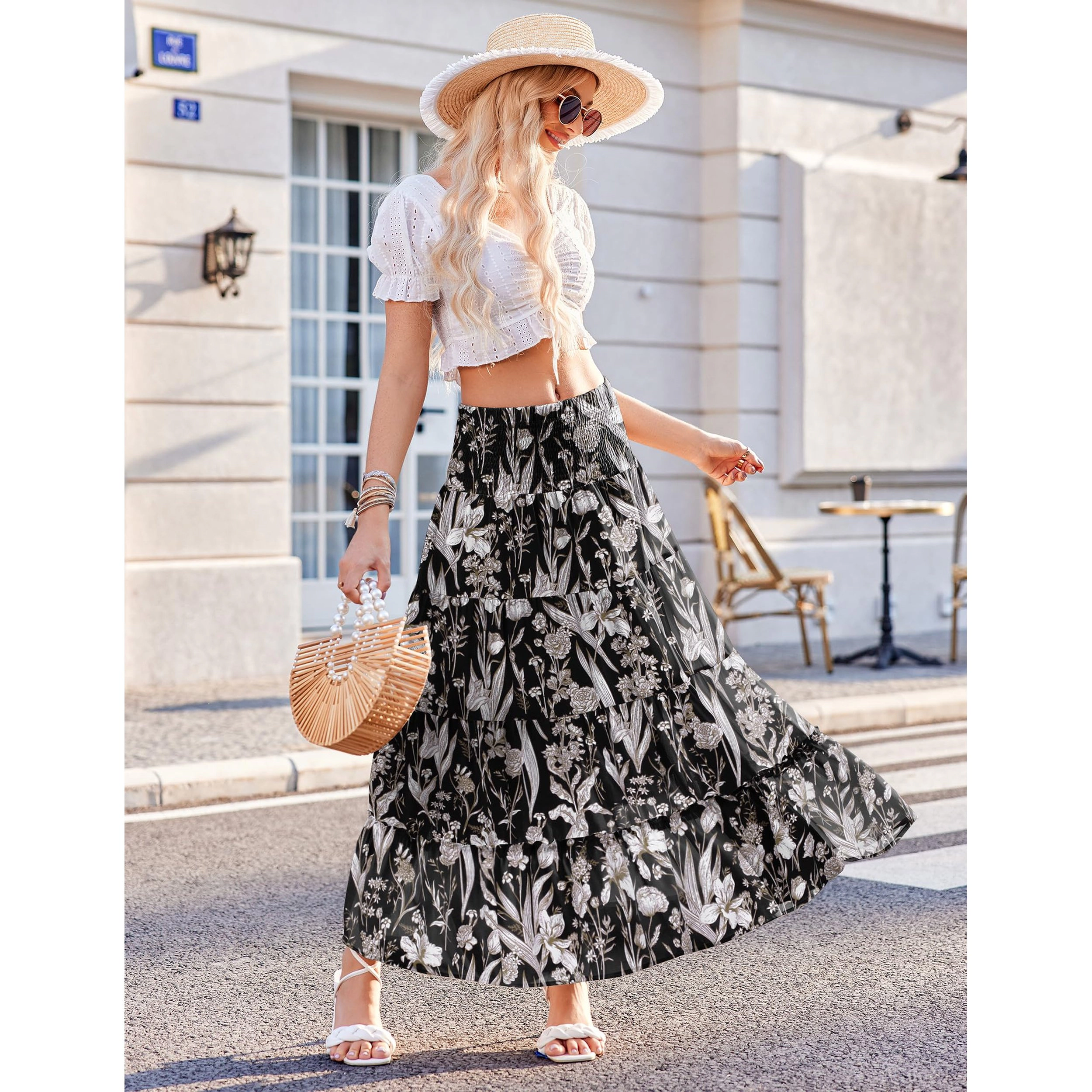 Zeagoo Women's Floral Print High Waist Tiered Ruffle Flowy Maxi Skirt