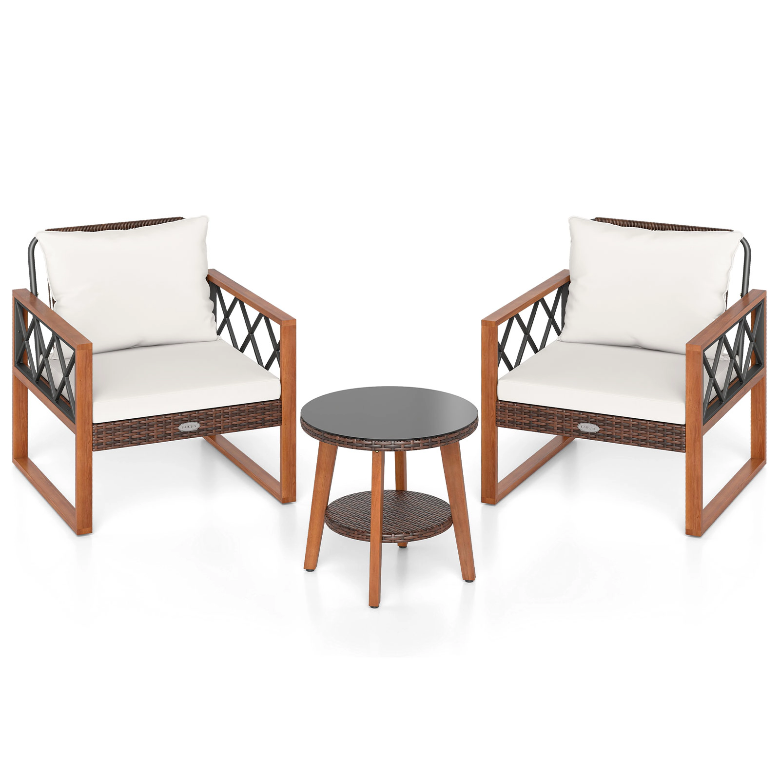 LJG 3 Pieces Patio Furniture Set with Tempered Glass Top Table and Soft Cushions