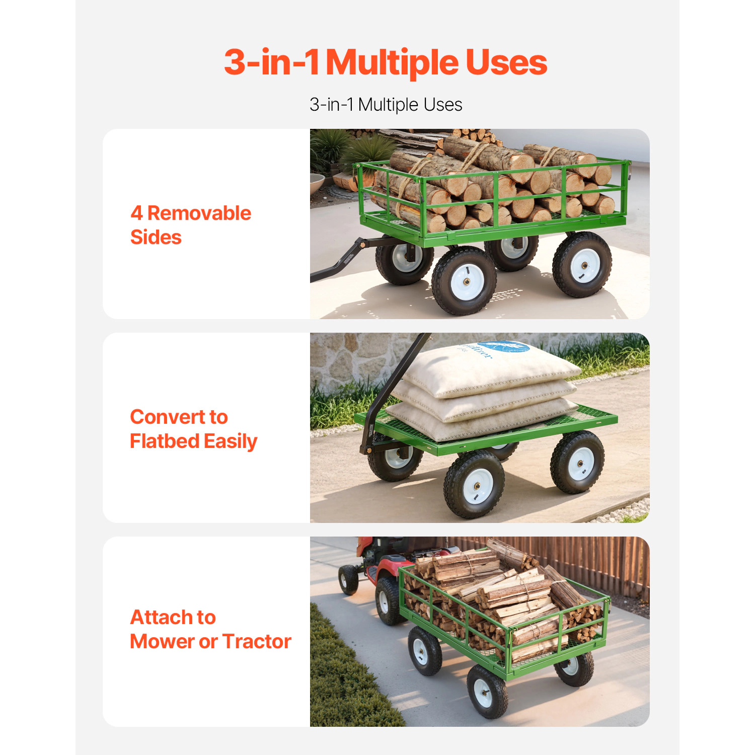 HONGGE Steel Garden Cart Heavy Duty Pullable Wagon Yard 2 1 Outdoor Metal Utility Trailer