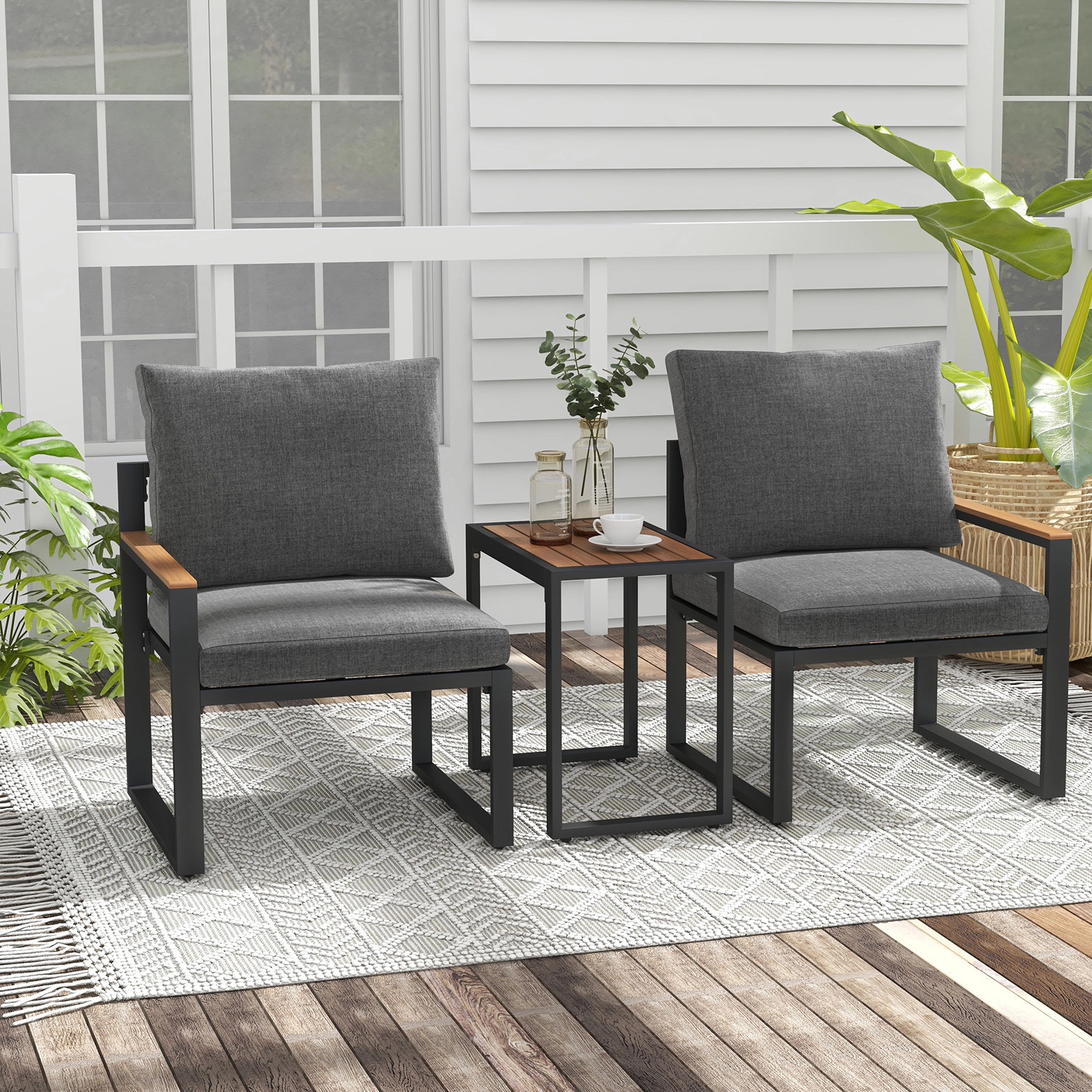 SUGIFT 3-Piece 330-lb Capacity Gray Aluminum Frame Weatherproof Patio Conversation Set with WPC Tabletop