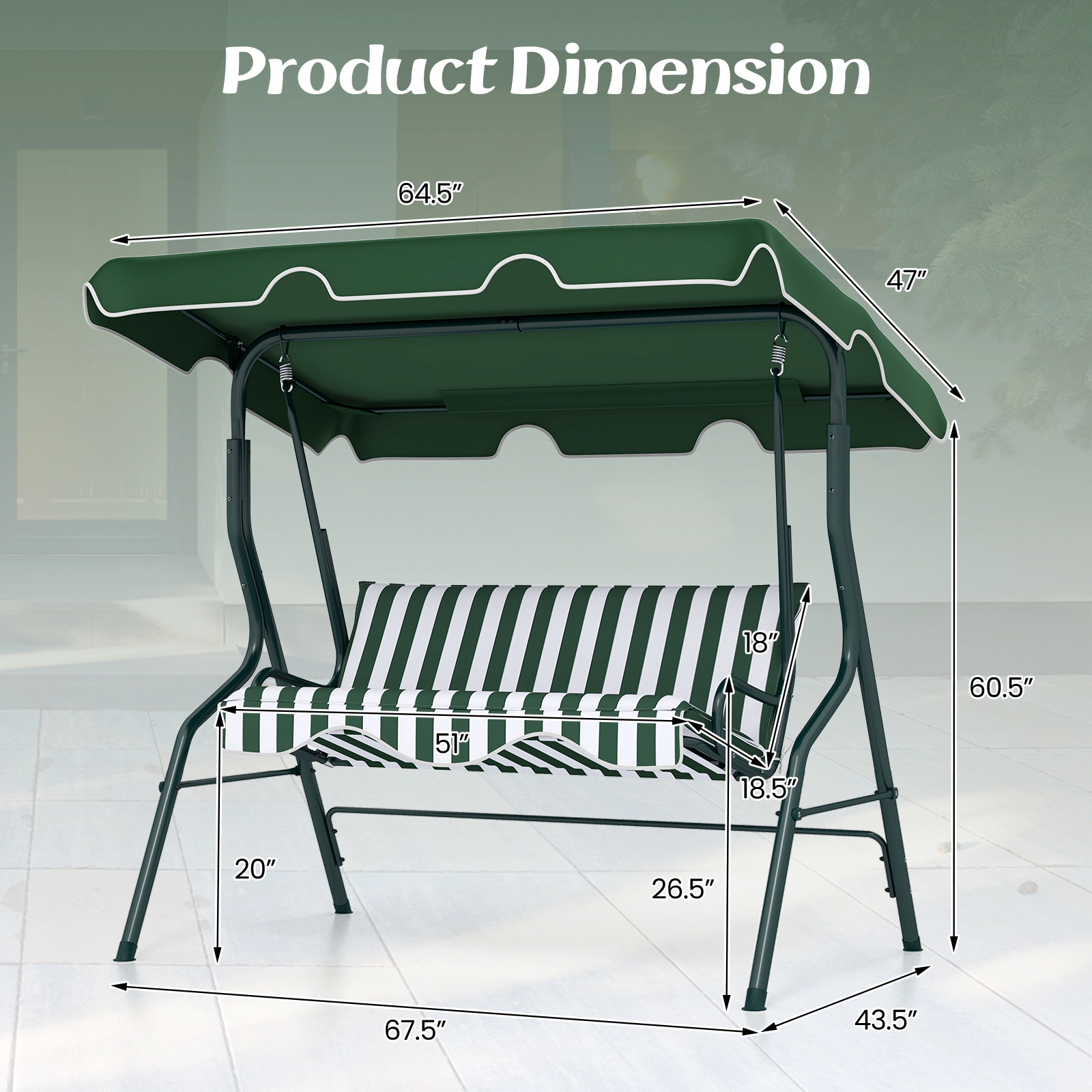 SUGIFT 3-Seat Outdoor Patio Canopy Swing with Cushioned Steel Frame 500-lb Capacity Green
