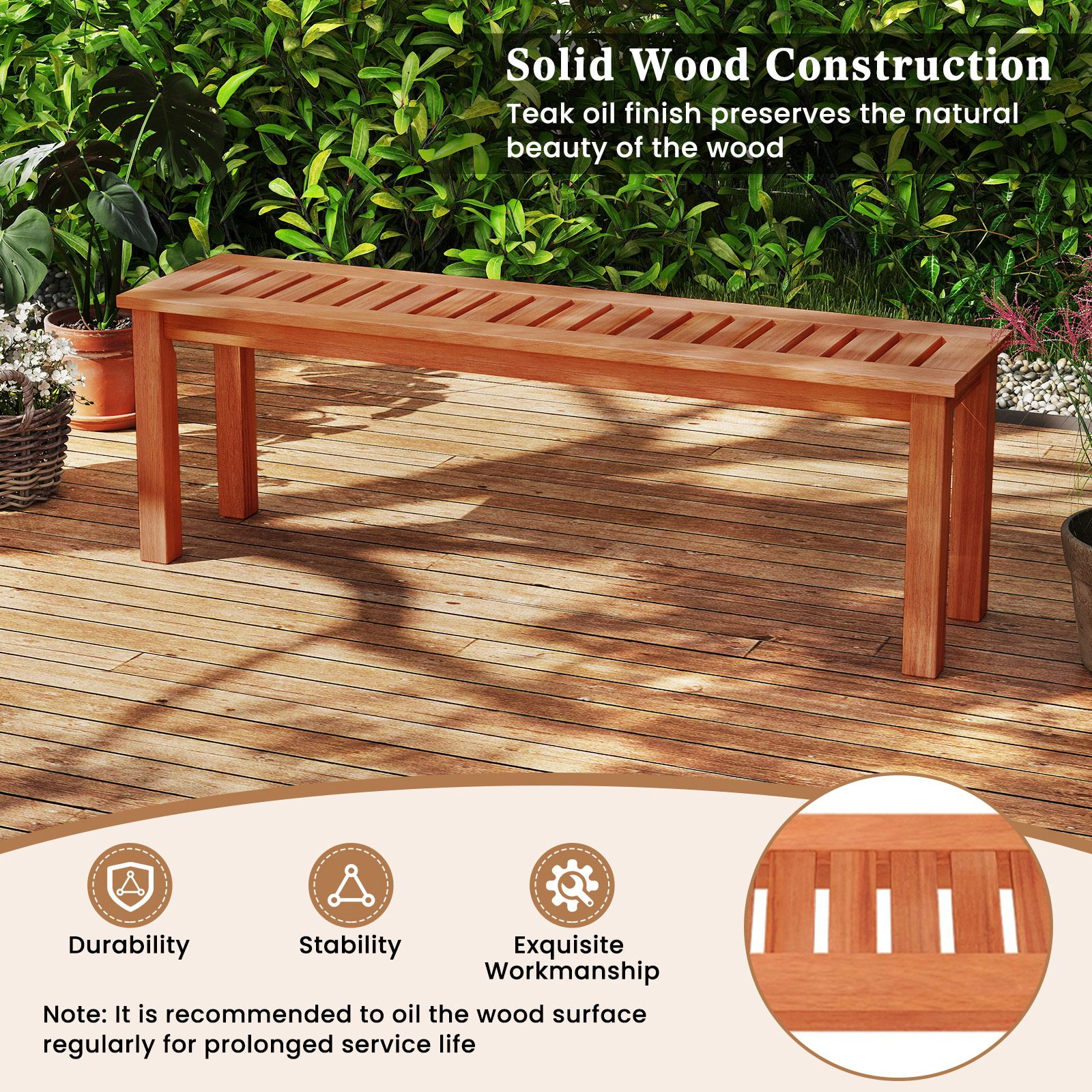 SlickBlue Backless Wooden Bench for Indoor Outdoor Seating