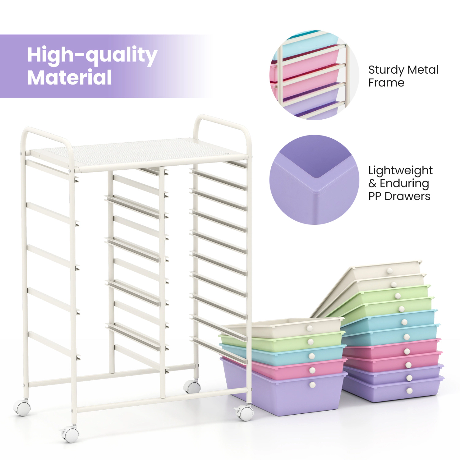 SUGIFT 15-Drawer Utility Rolling Cart with Removable Drawers 22-lb Top Capacity Icecream Multicolor