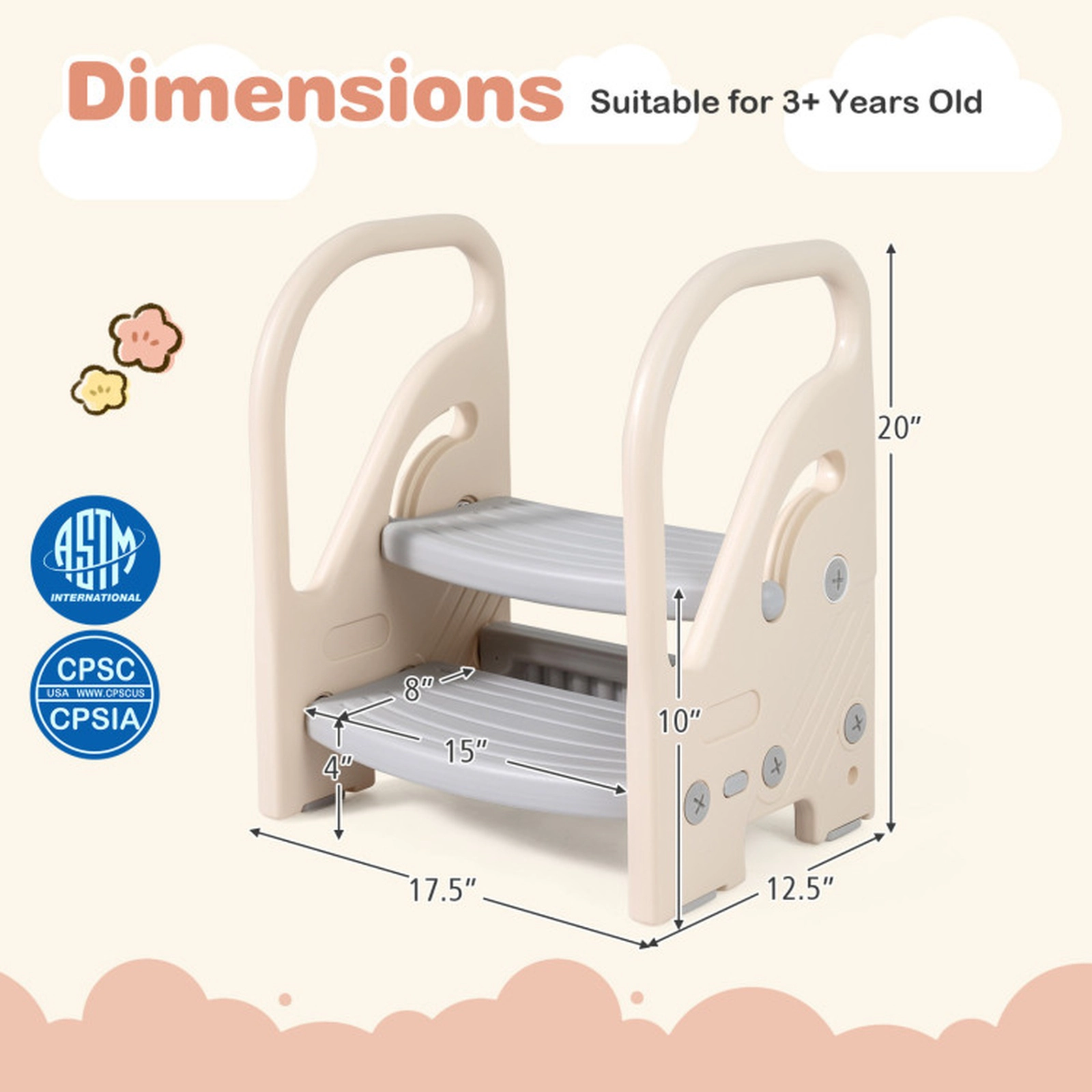 SUGIFT Adjustable 2-Step Kids Step Stool with Safety Handles and Non-Slip Pads for Bathroom and Bedroom