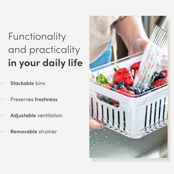 OU Fridge Organizer Bins w/ Drain Basket & Vented Lid, Clear Stackable Storage Container, BPA Free, 2 Pack (2.3qt Each)