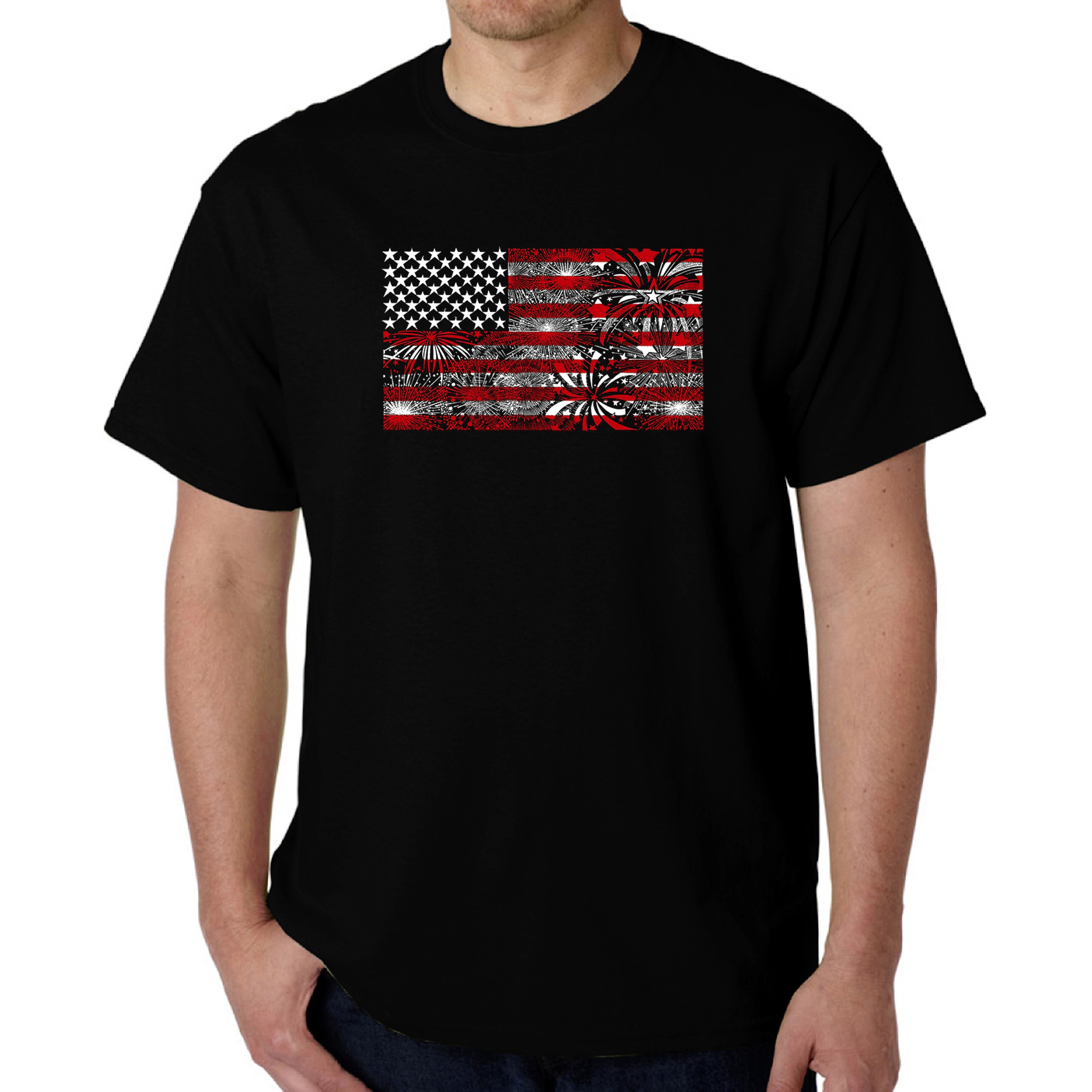 LA Pop Art Men's Cotton Crew Neck T-Shirt - Word American Flag with Fireworks, Regular Fit