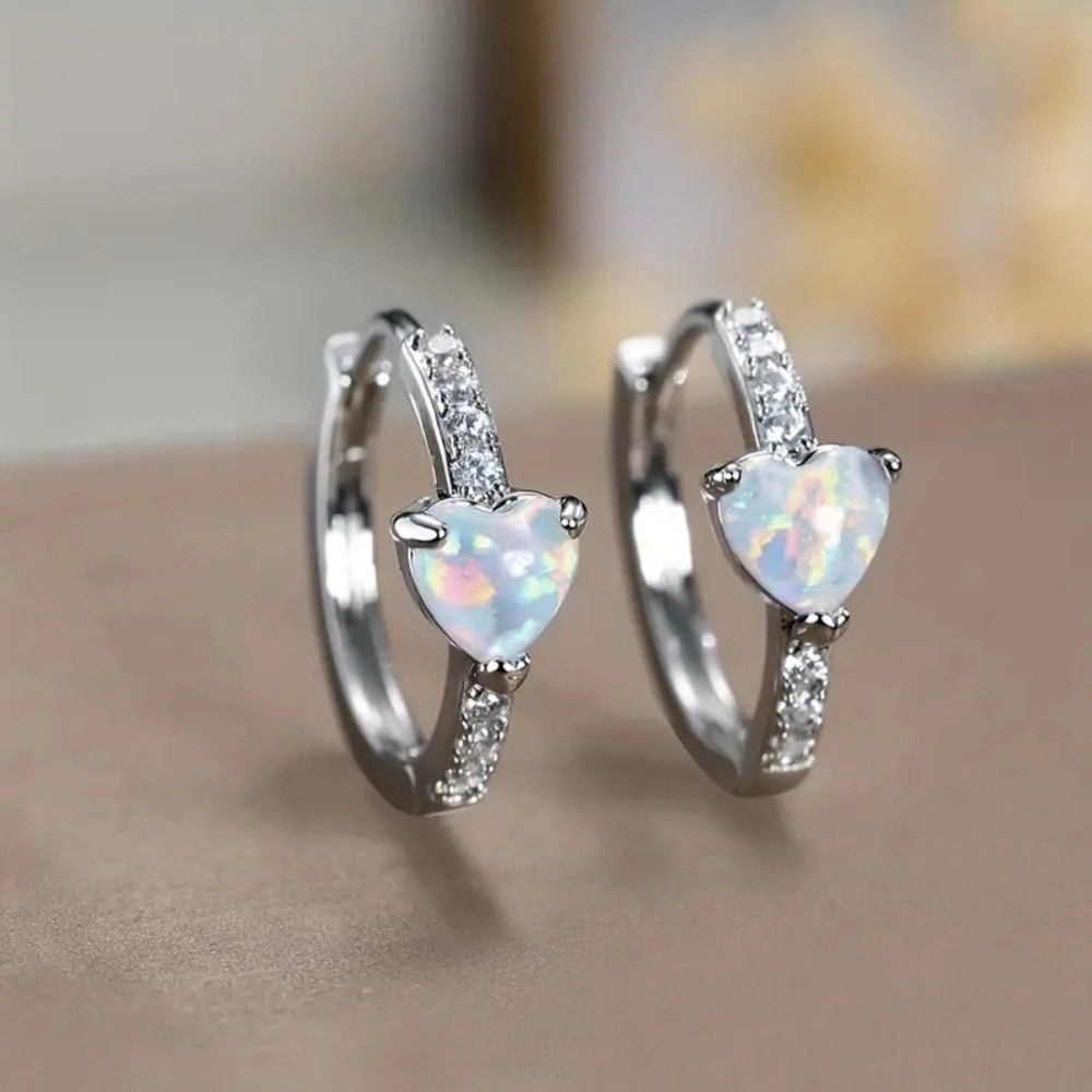 Cute Petite Heart Shaped Simulated Opal Inlay Zirconia Hoop Earring